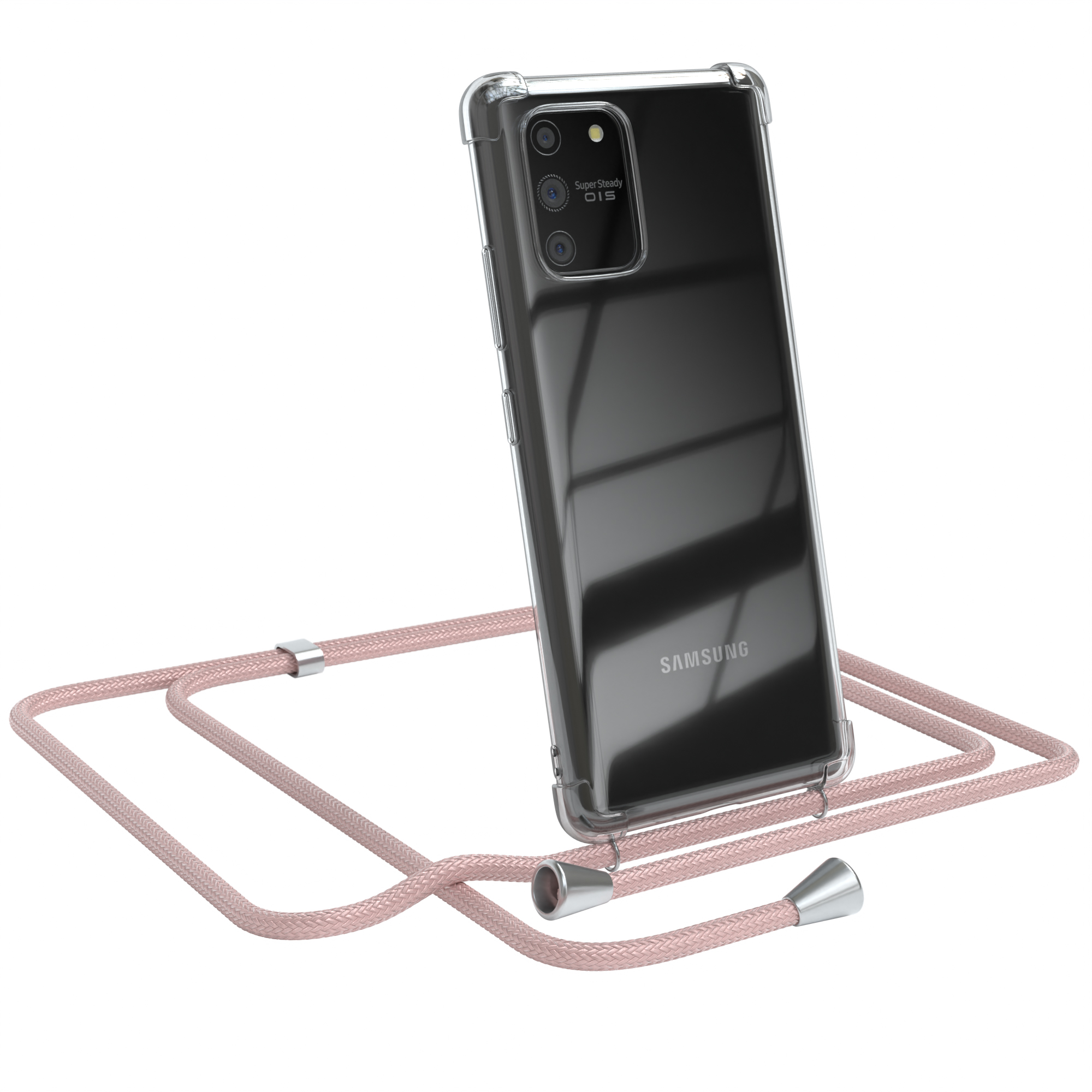 Transparente Handyhülle mit pinkfarbenem Lanyard auf weißem Hintergrund. Samsung Telefon.
