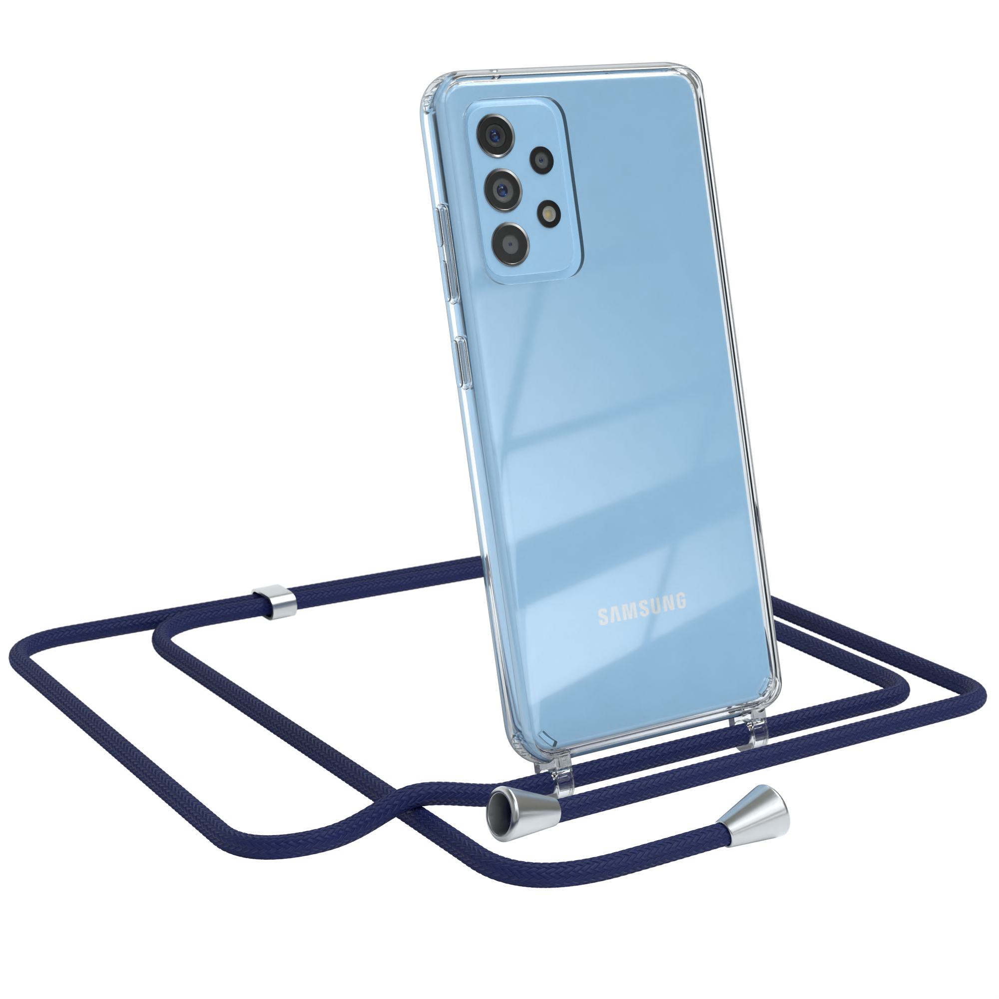 Transparente Handyhülle mit blauem Band. Telefon hat Rückkameras.