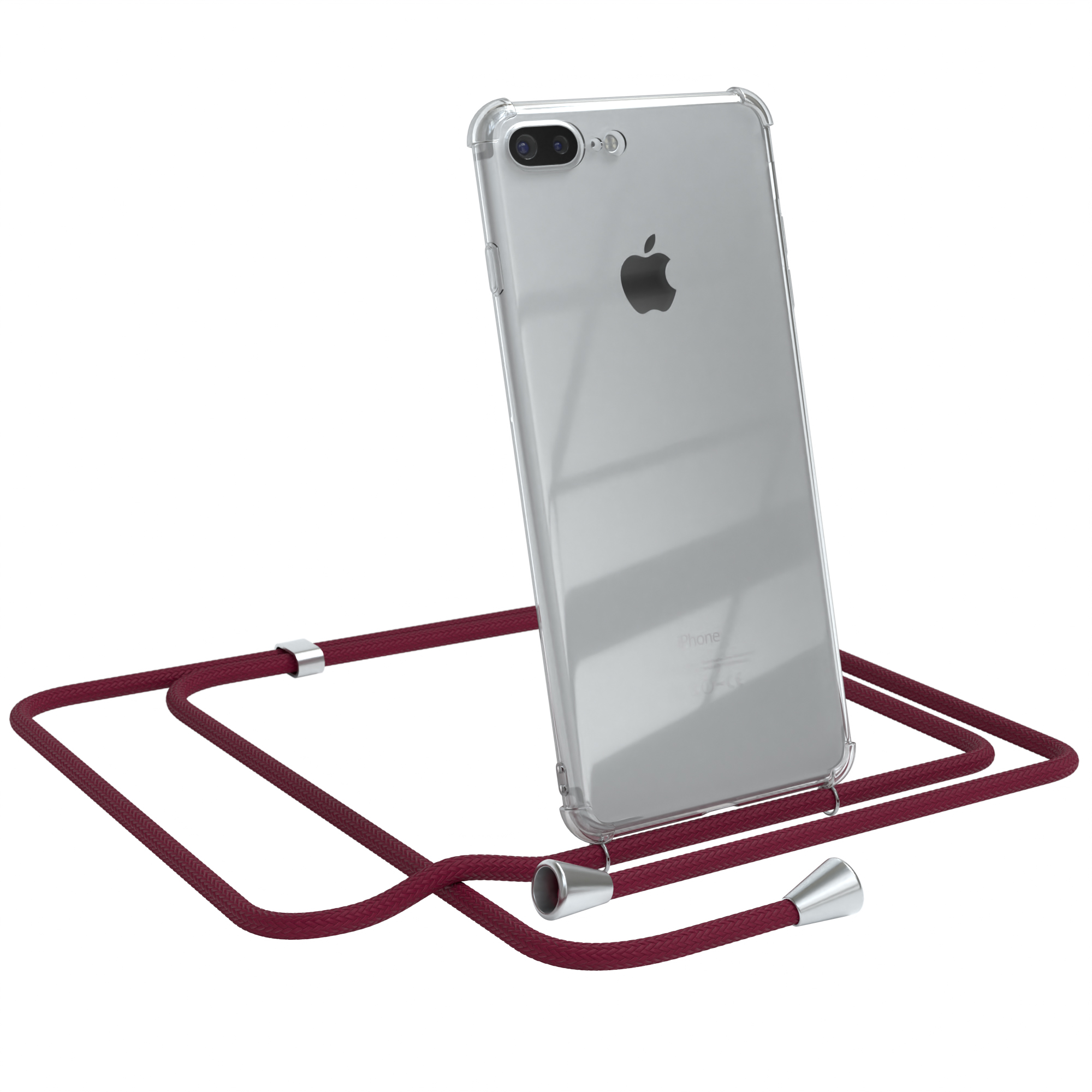Transparente Handyhülle mit rotem Band. Apple-Telefon sichtbar. Weißer Hintergrund.