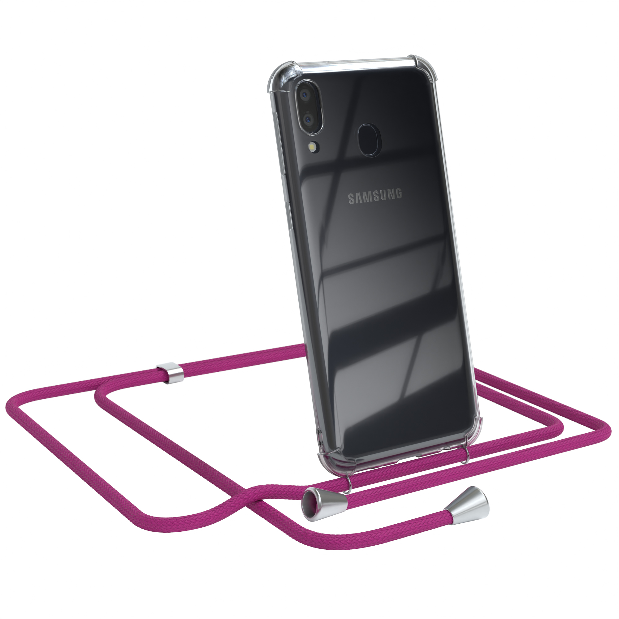 Transparente Handyhülle mit pinkfarbenem Riemen, Samsung-Telefon. Weißer Hintergrund.