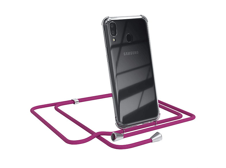 EAZY CASE Clear Cover mit Umhängeband, Umhängetasche, Samsung, Galaxy M20, Pink / Clips Silber