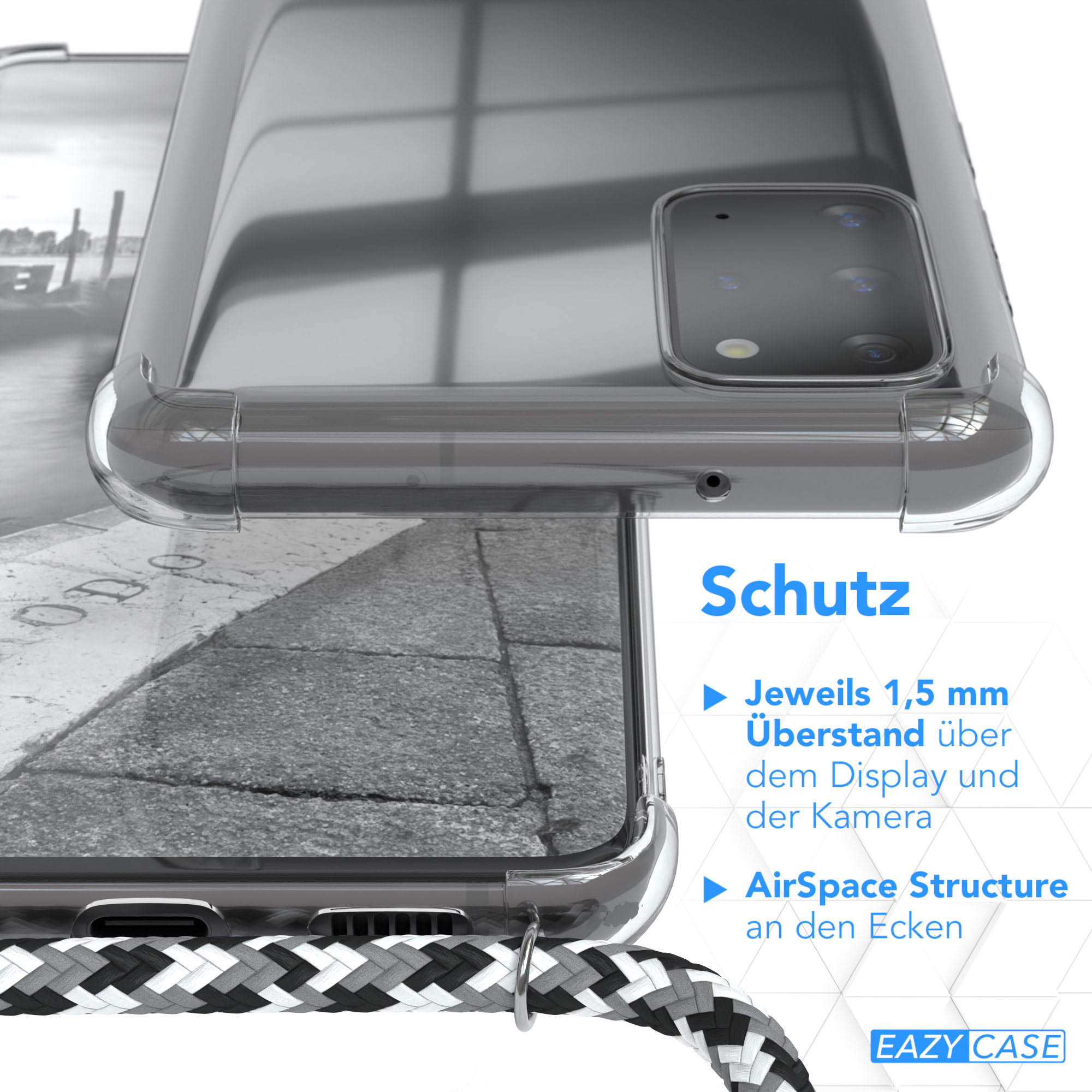 Transparente Handyhülle vor verschwommenem Hintergrund. Zeigt Kante und geflochtene Kordel.