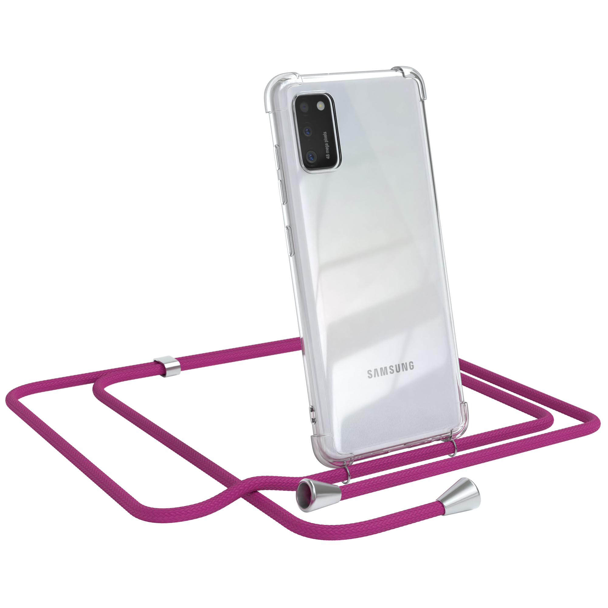 Samsung-Telefon in klarer Hülle mit pinkfarbenem Umhängeband. Telefon abgewinkelt, Kamera weg.