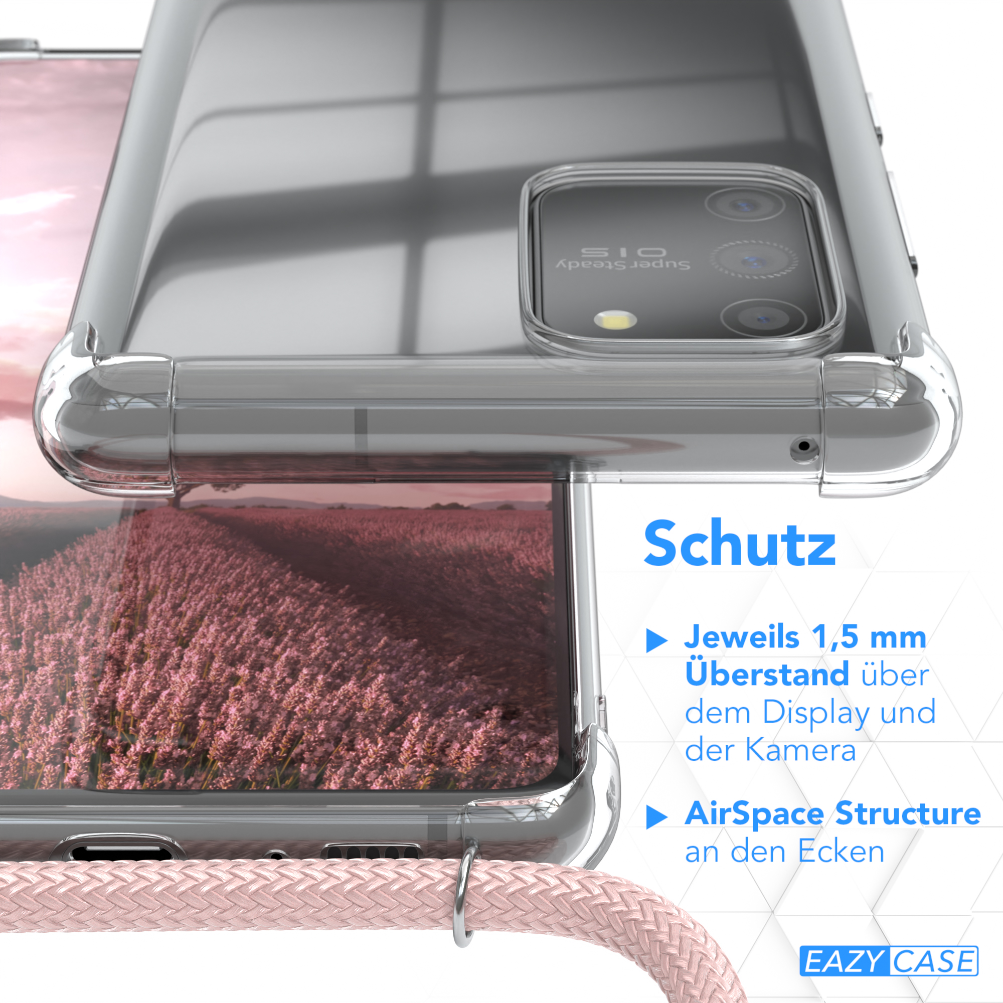 Nahaufnahme einer Handyhülle mit geflochtener Kordel. Text über Display- und Eckenschutz ist sichtbar.