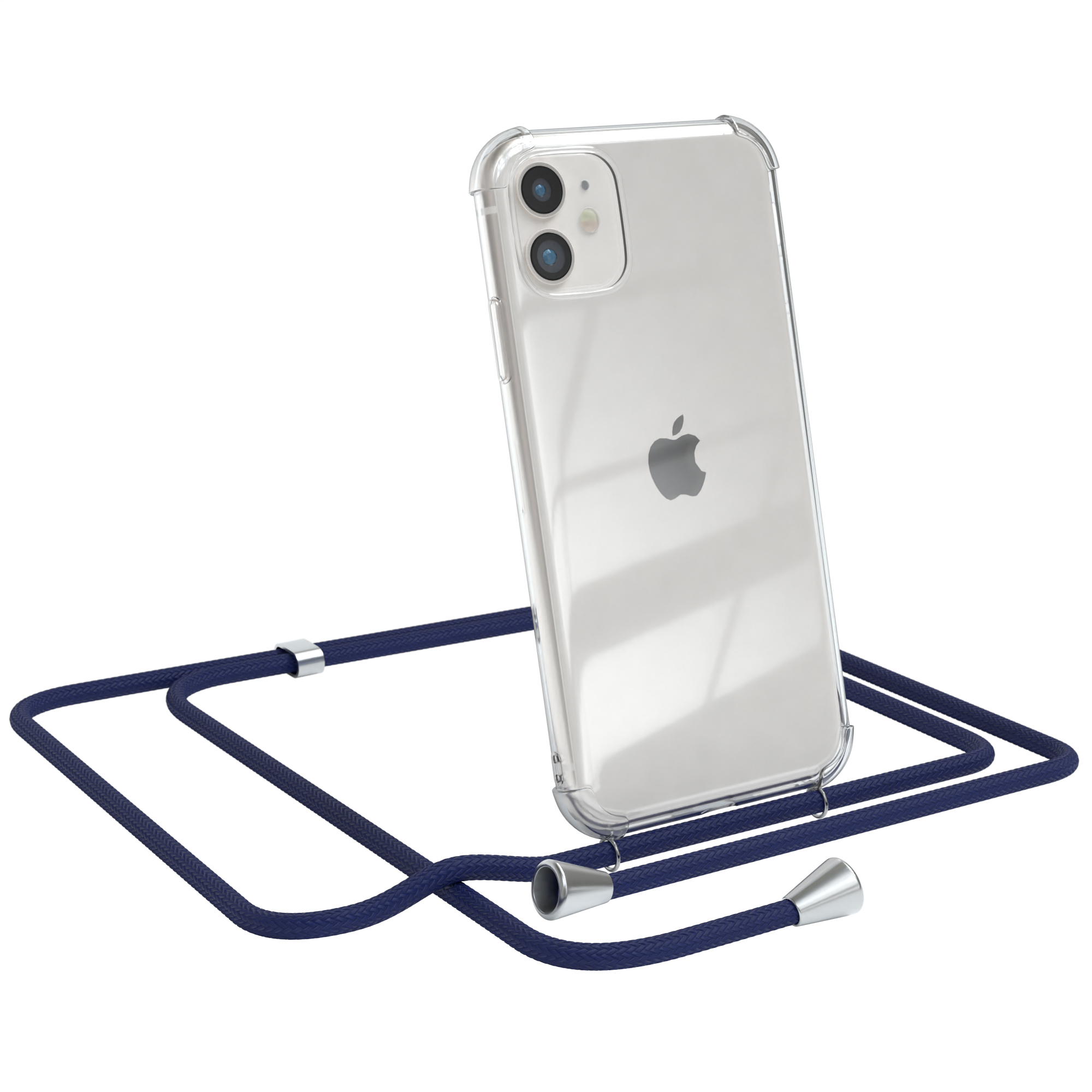 Transparente Handyhülle mit marineblauem Lanyard. Apple iPhone mit sichtbaren Kameras.