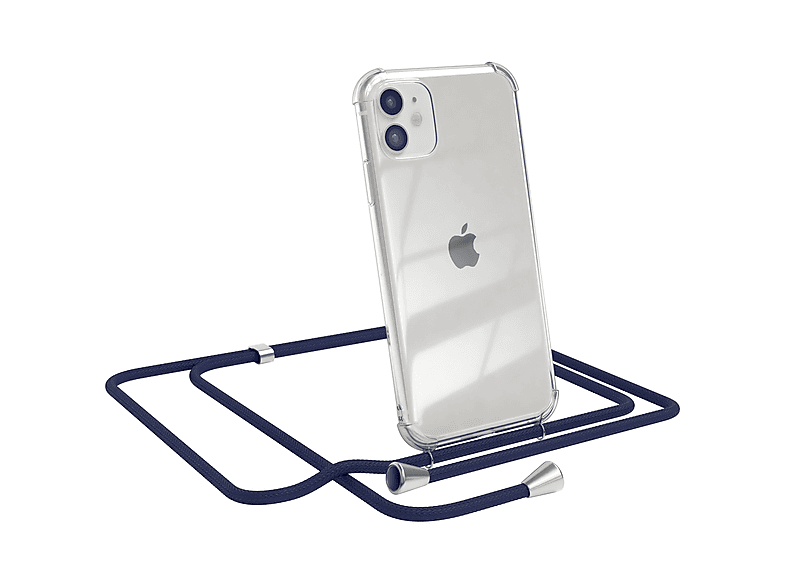 EAZY CASE Clear Cover mit Umhängeband, Umhängetasche, Apple, iPhone 11, Blau / Clips Silber | Handyketten