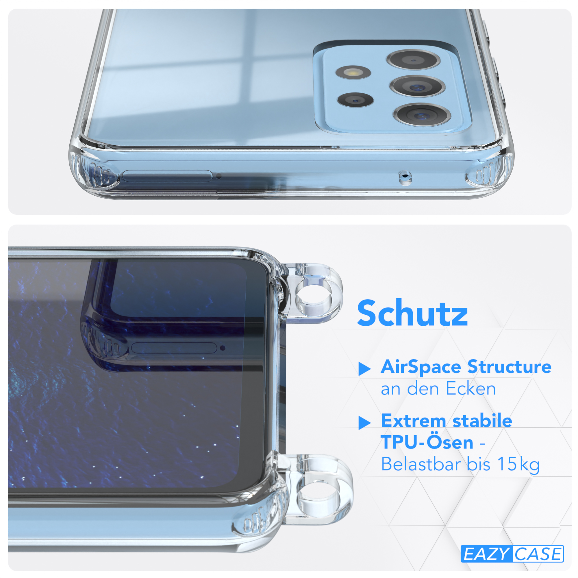 Nahaufnahme einer transparenten Handyhülle. Text: AirSpace Structure an den Ecken. Extr. stabile TPU-Ösen.