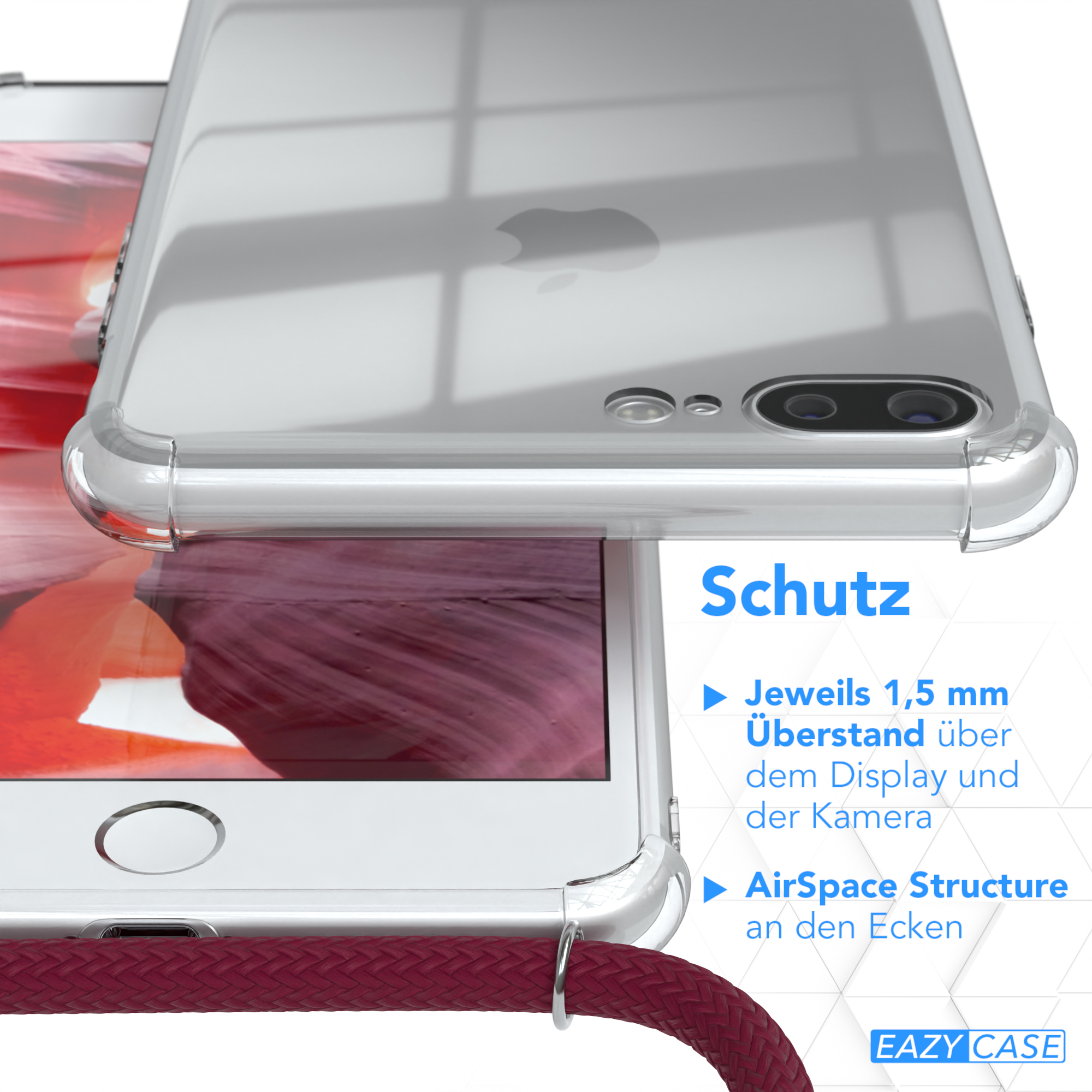 Nahaufnahme einer Handyhülle mit rotem Kabel. Das Telefon hat einen roten Hintergrund.