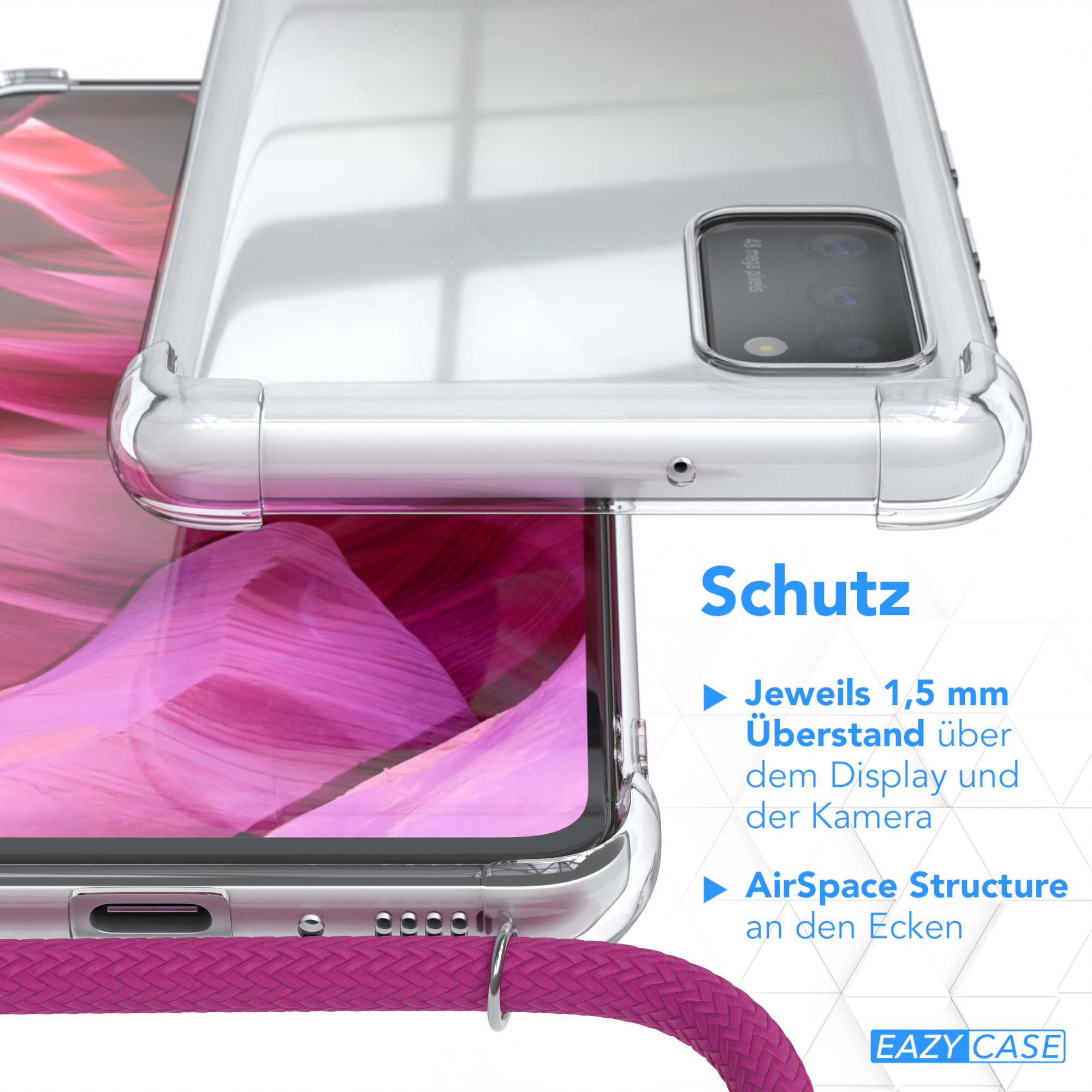 Nahaufnahme einer durchsichtigen Handyhülle. Text sagt 'AirSpace Structure'. Hülle zeigt pinkfarbenen Gurt.