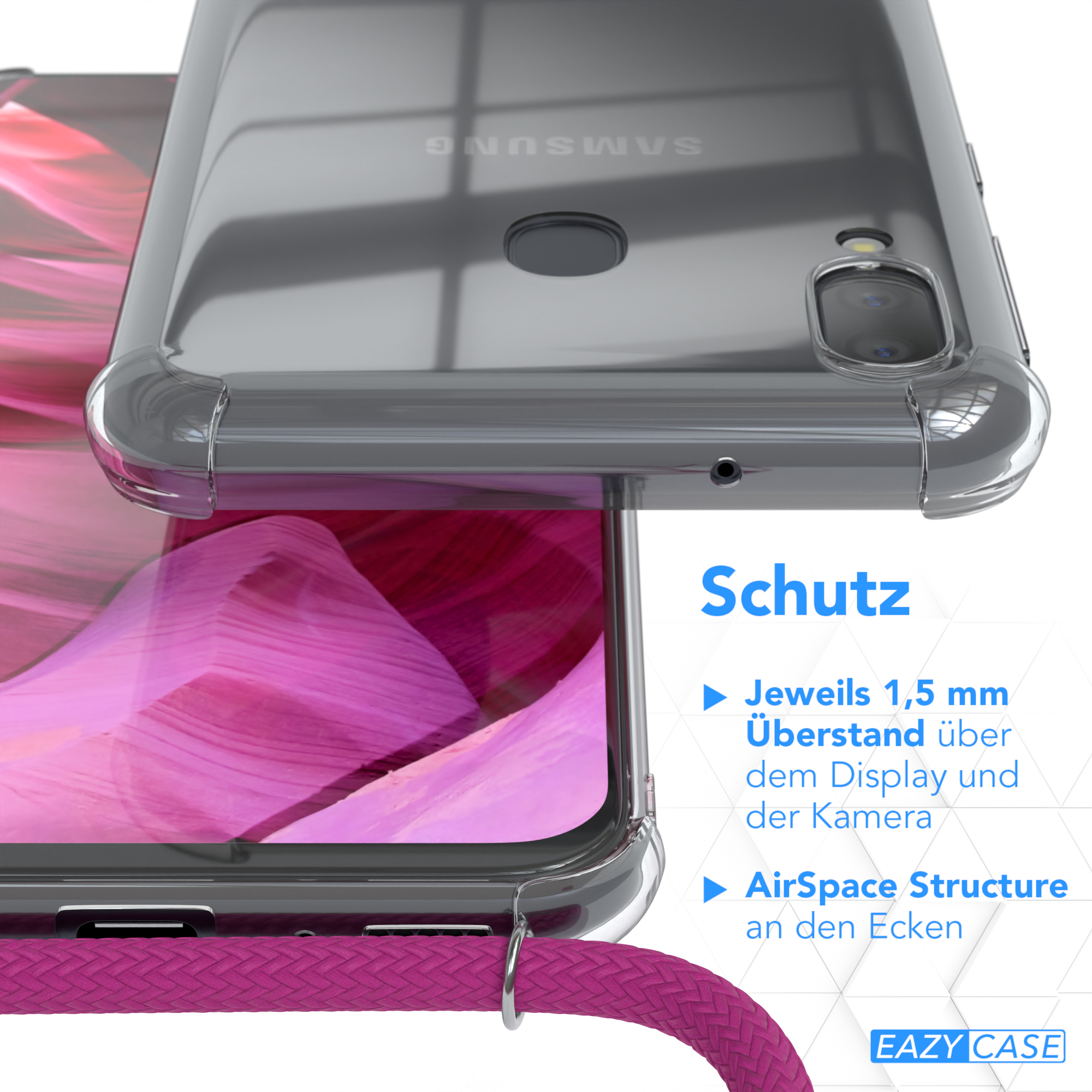 Nahaufnahme eines Telefons mit Hülle. Text: Schutz, Details zum Display- und Eckenschutz.