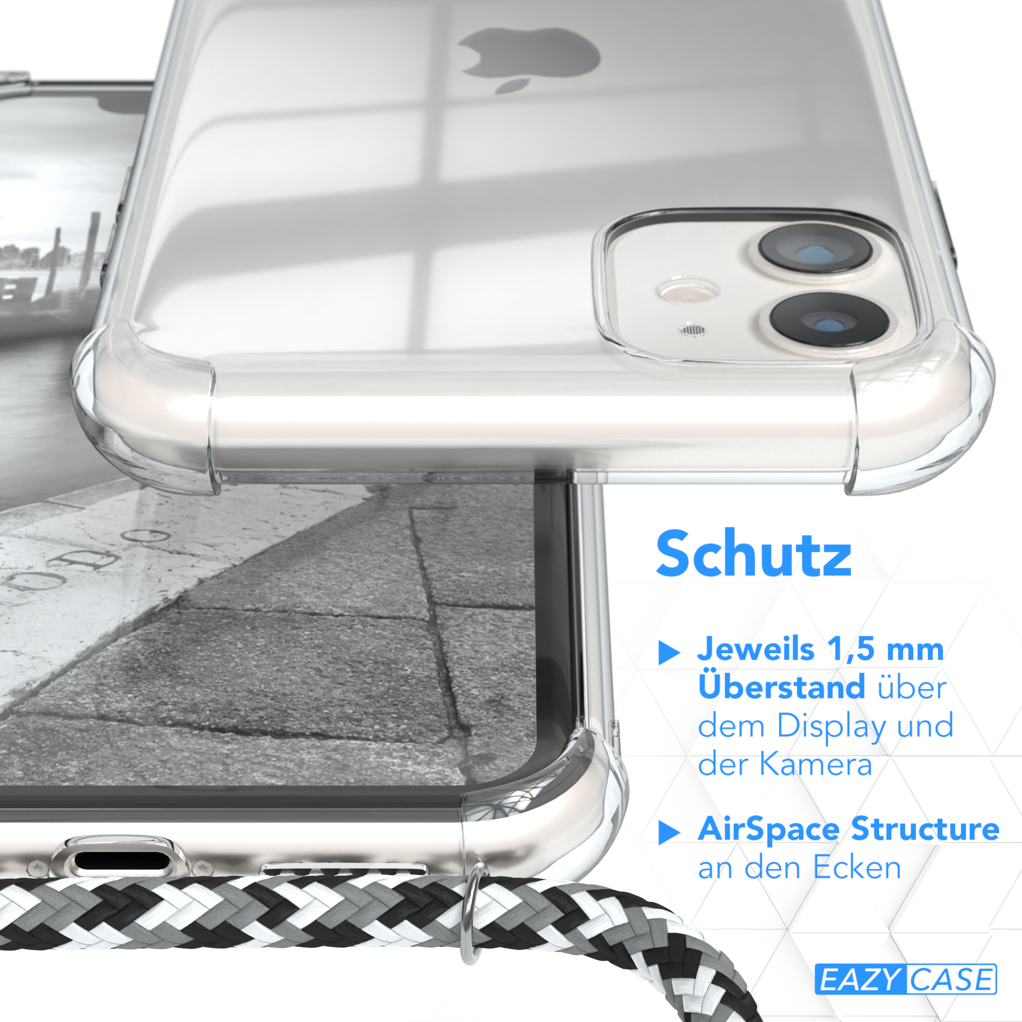 Transparente Handyhülle. Die Hülle schützt das Telefon. Weißes und schwarzes geflochtenes Schlüsselband.