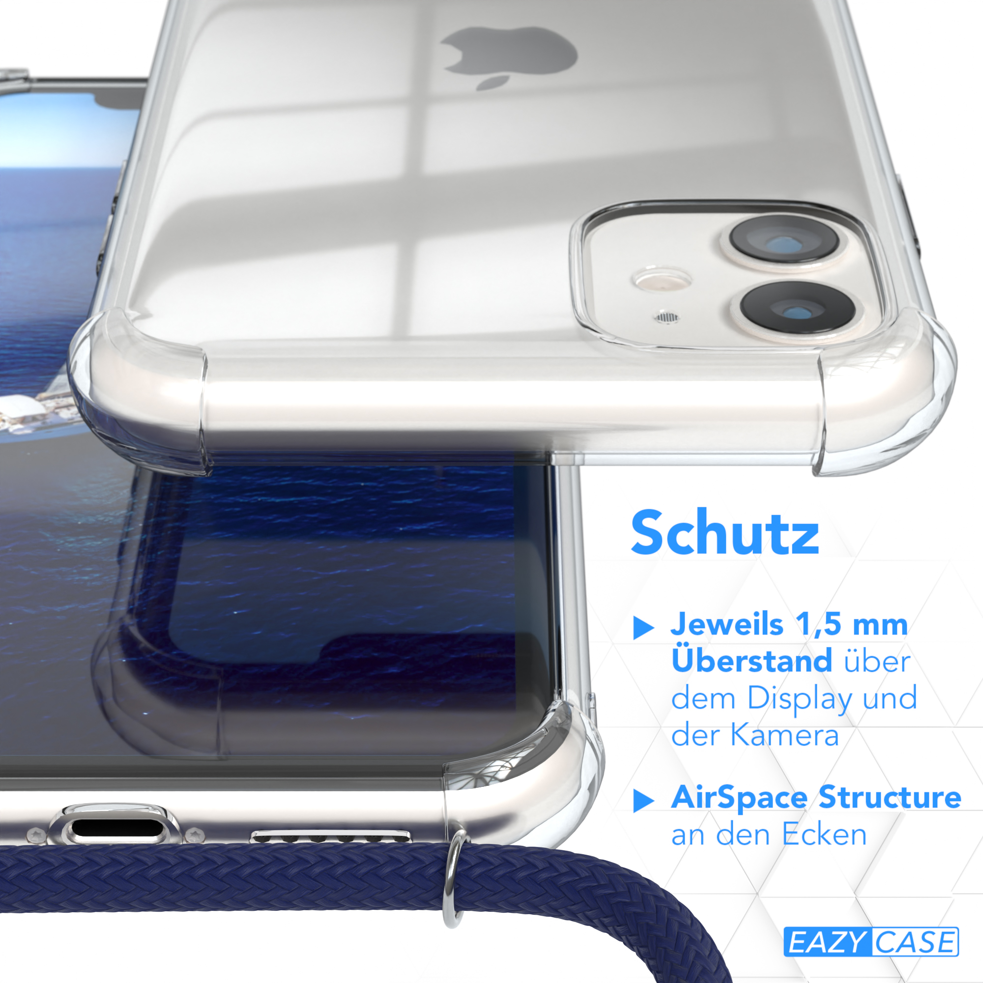 EAZY CASE Silber Clear 11, Umhängeband, mit Blau Cover iPhone Clips Umhängetasche, Apple, 