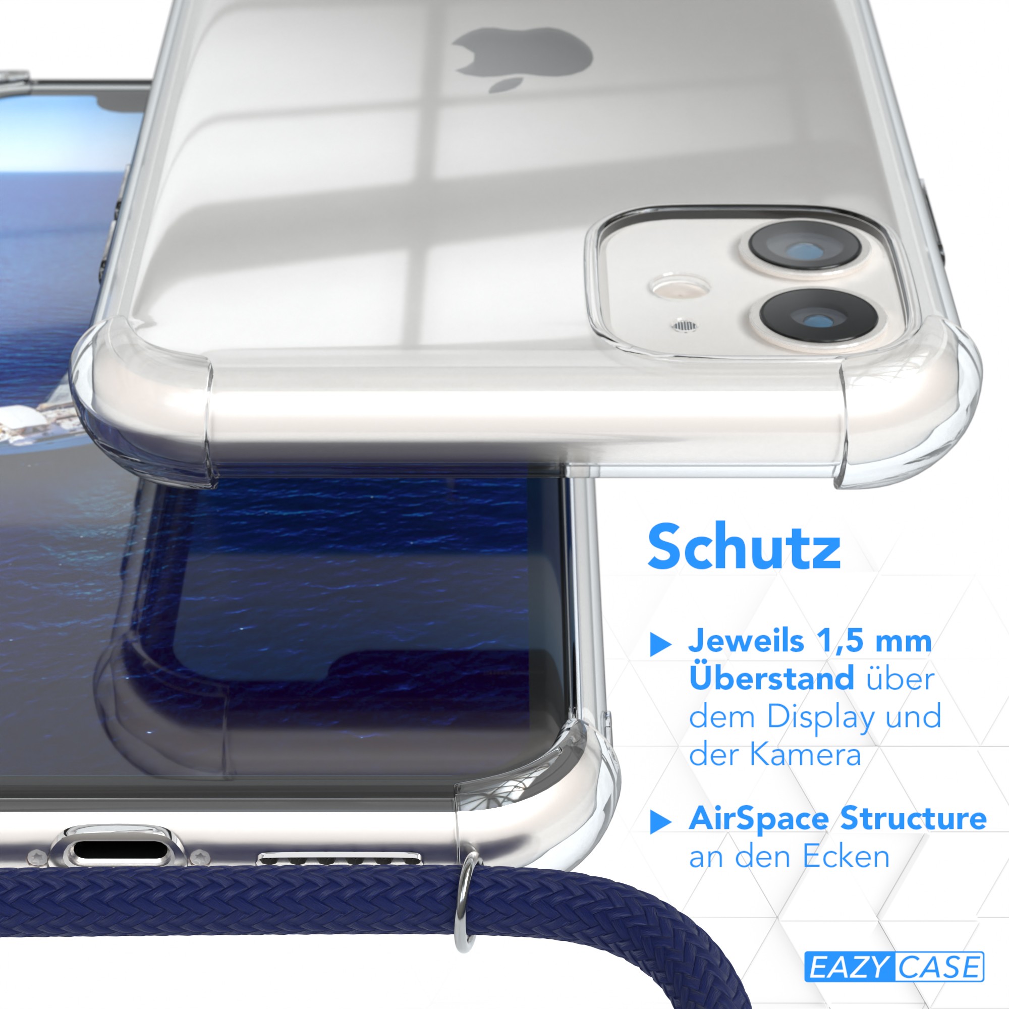 Transparente Handyhülle mit Telefon darin. Text sagt 'Schutz', 'AirSpace Structure'.