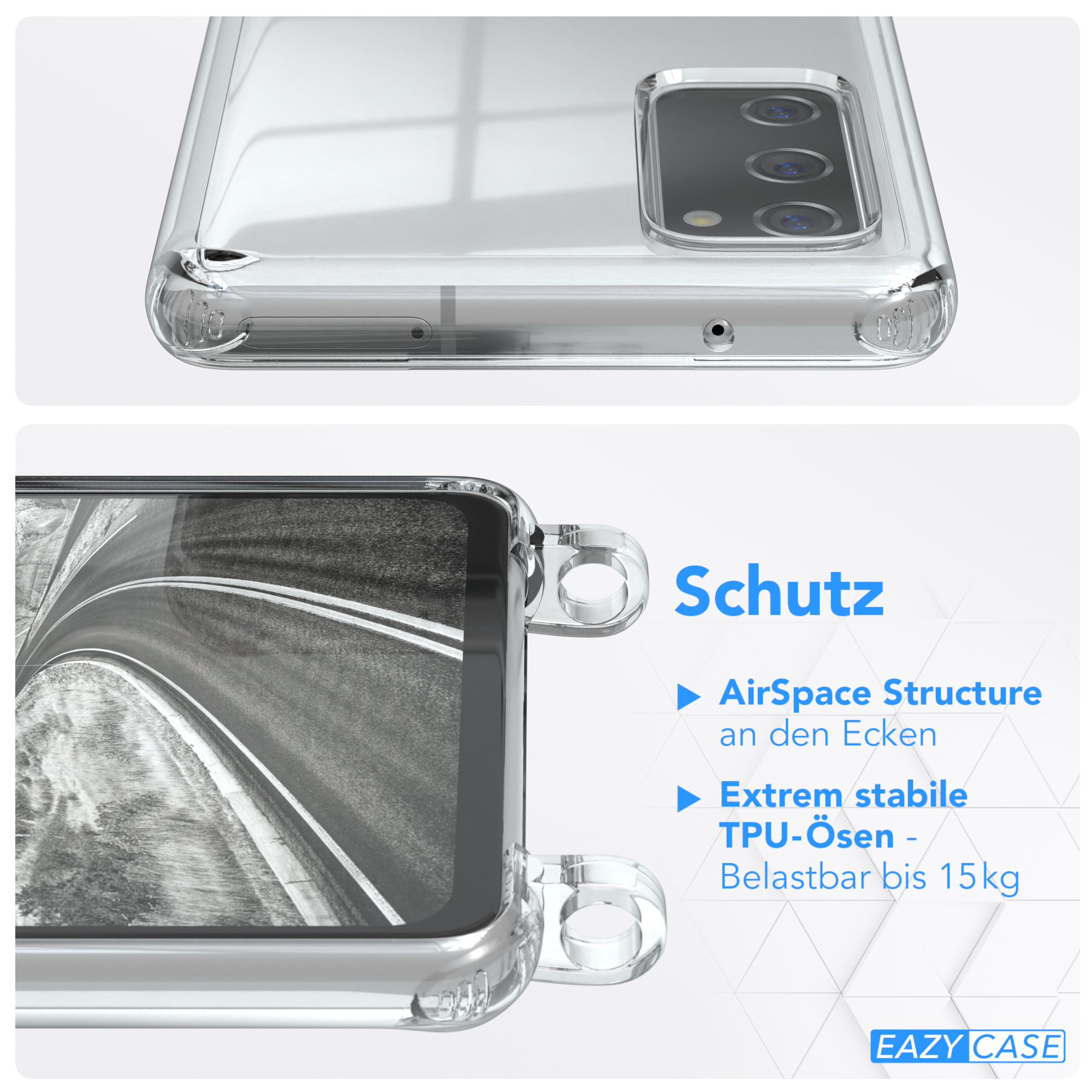 Nahaufnahme einer transparenten Handyhülle. Der Text auf der Hülle lautet Schutz, AirSpace Structure und Eazy Case.