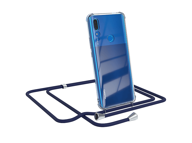 EAZY CASE Clear Cover mit Umhängeband, Umhängetasche, Huawei, P Smart Z / Y9 Prime (2019), Blau / Clips Silber