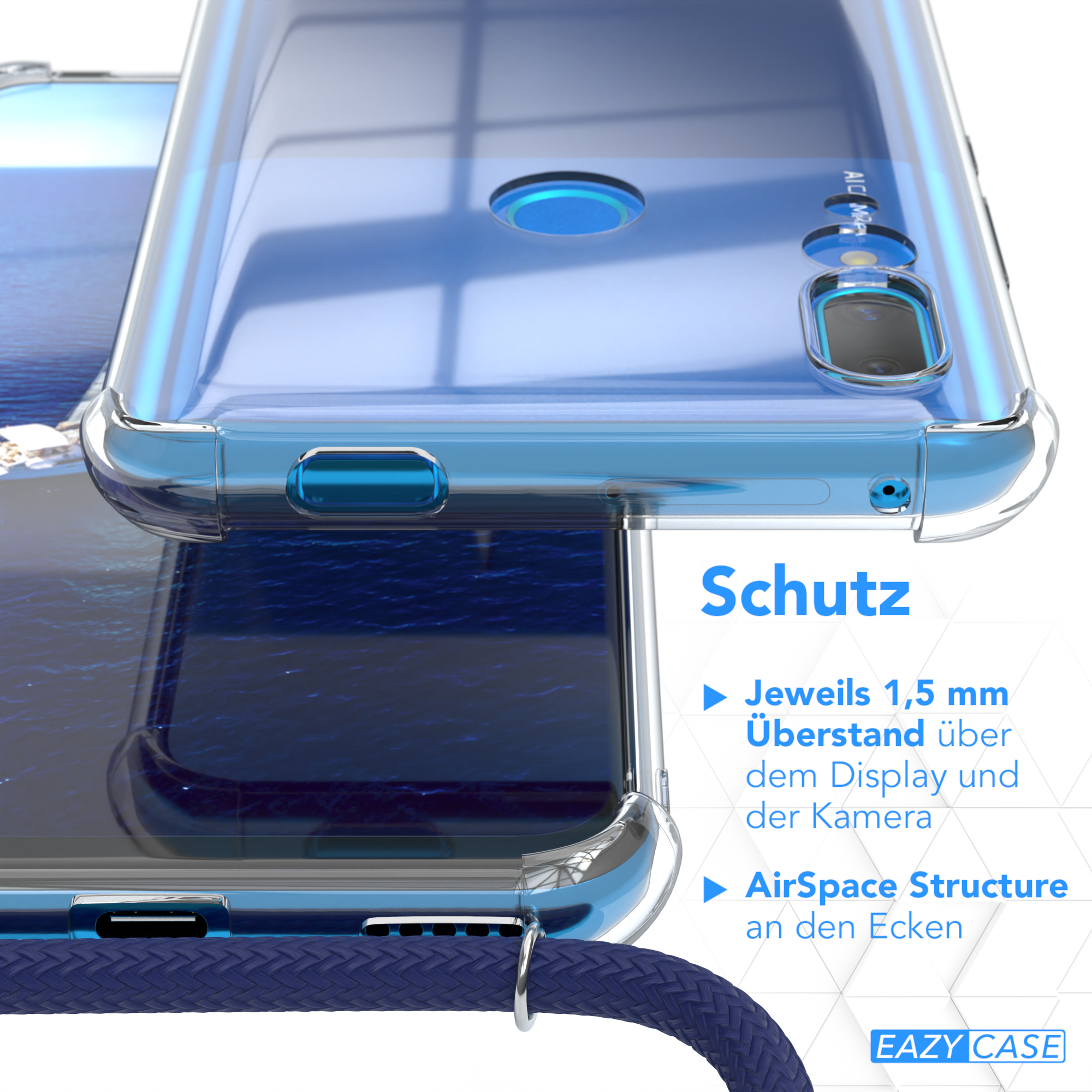 EAZY CASE Cover / Umhängetasche, Huawei, / Clear P Smart mit Umhängeband, Clips Silber Prime Blau Z Y9 (2019)