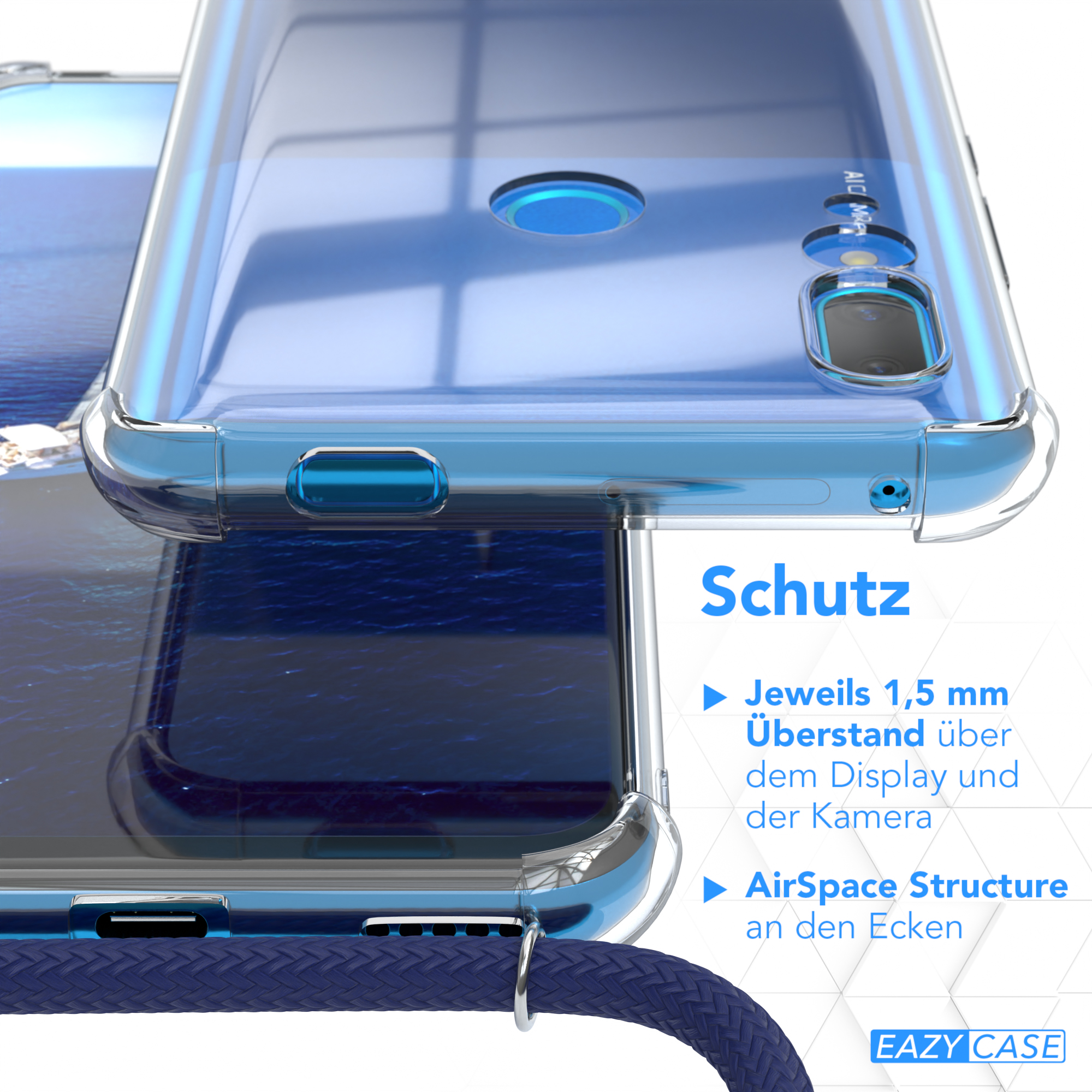 Nahaufnahme einer Handyhülle mit blauem Band. Details des Designs und der Schutzfunktionen der Hülle sind sichtbar.