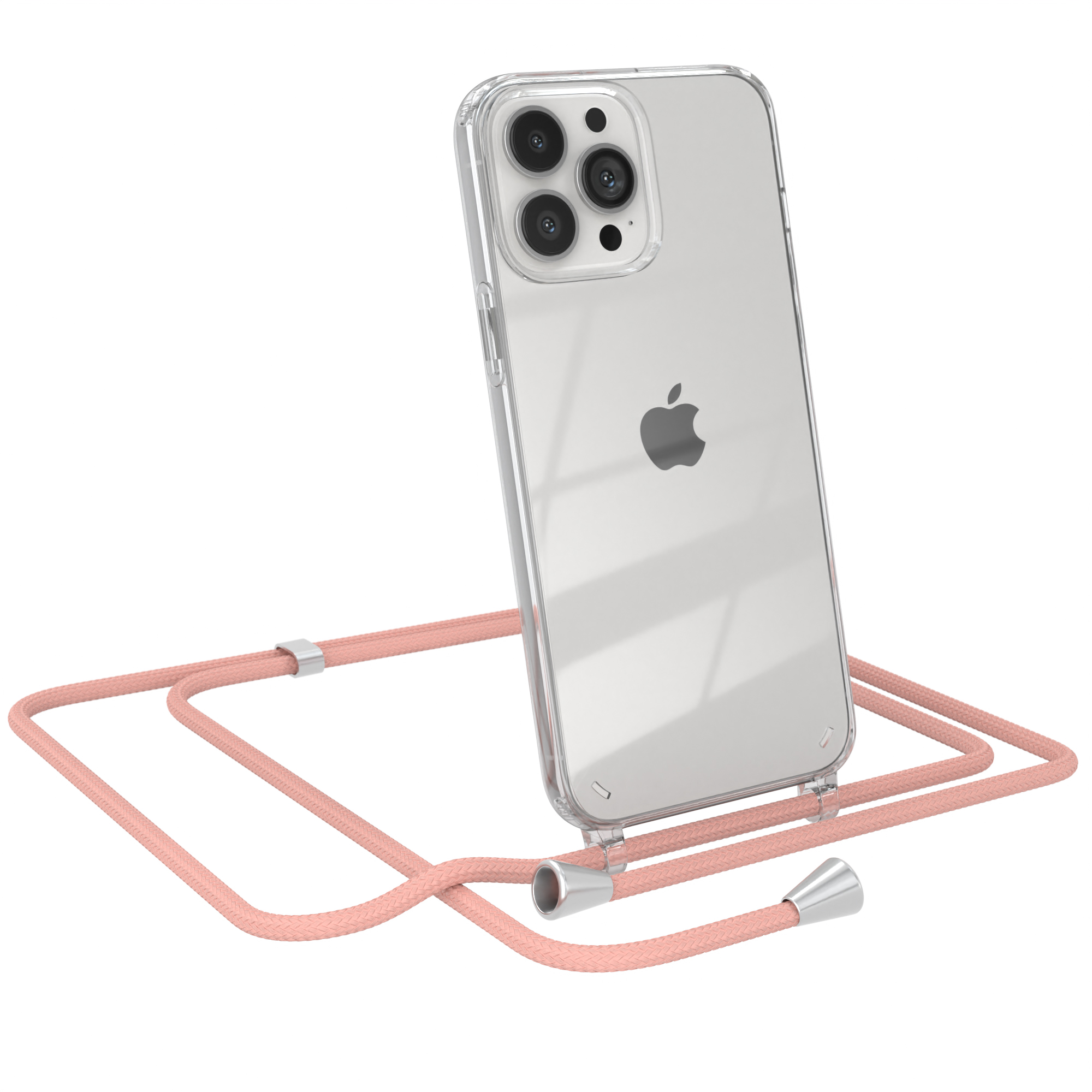 Transparente Handyhülle mit pfirsichfarbenem Lanyard. Das Telefon ist ein iPhone mit Apple-Logo.