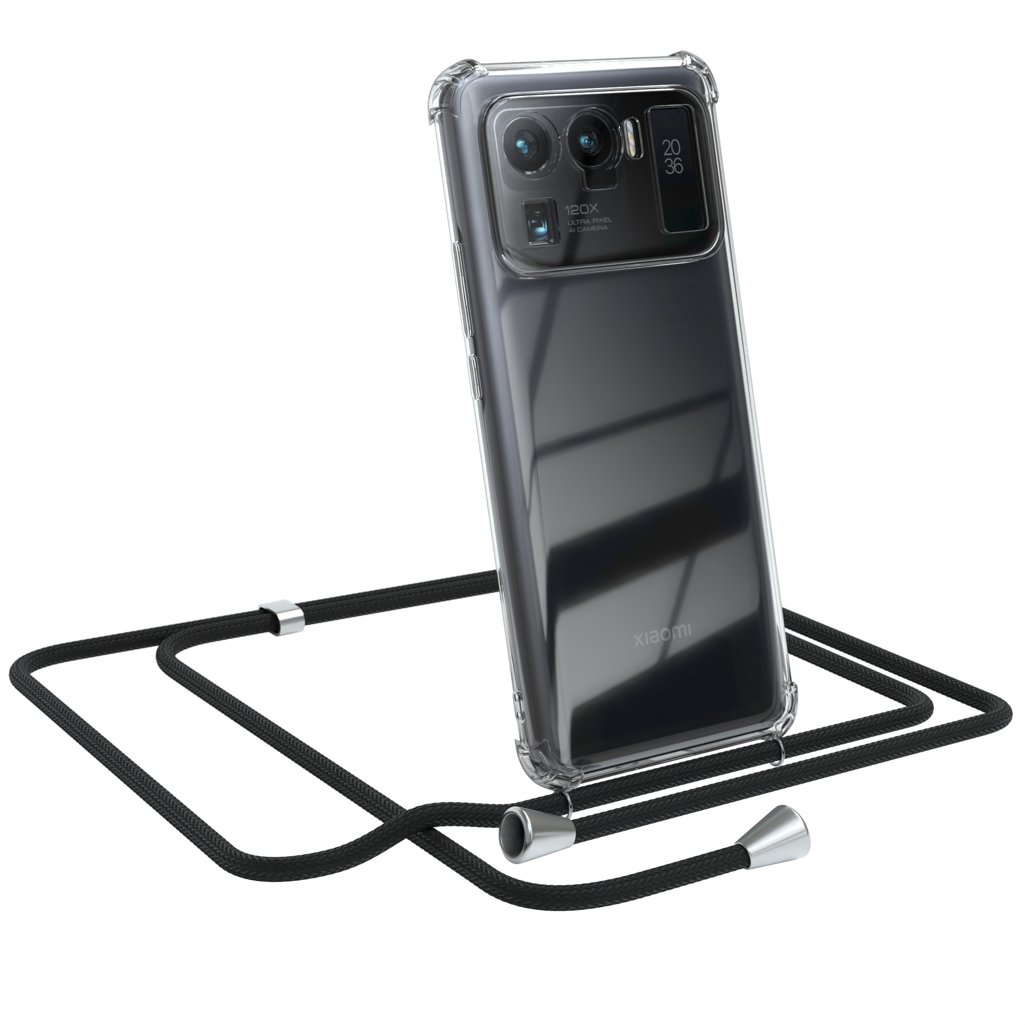 Transparente Handyhülle mit schwarzem Umhängeband. Xiaomi-Telefon abgewinkelt.