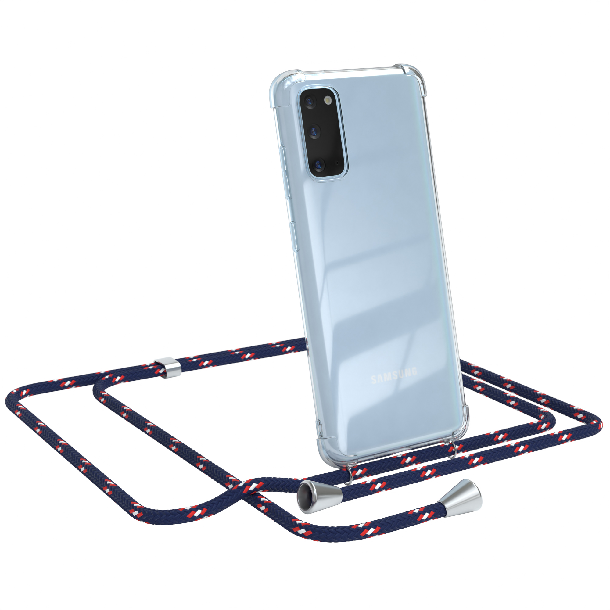 Ein Samsung-Telefon in einer transparenten Hülle mit einem marineblauen, roten und weißen Seil. Das Telefon ist geneigt.