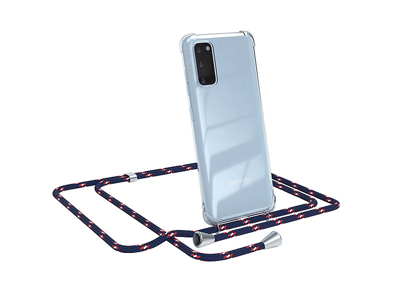 EAZY CASE Clear Cover mit Umhängeband, Umhängetasche, Samsung, Galaxy S20, Blau Camouflage / Clips Silber