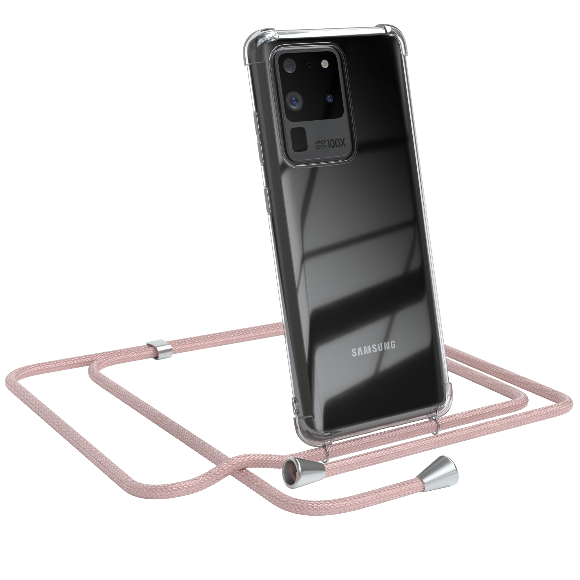 Transparente Handyhülle mit rosa Band. Samsung-Logo sichtbar. Weißer Hintergrund. Telefon abgewinkelt.