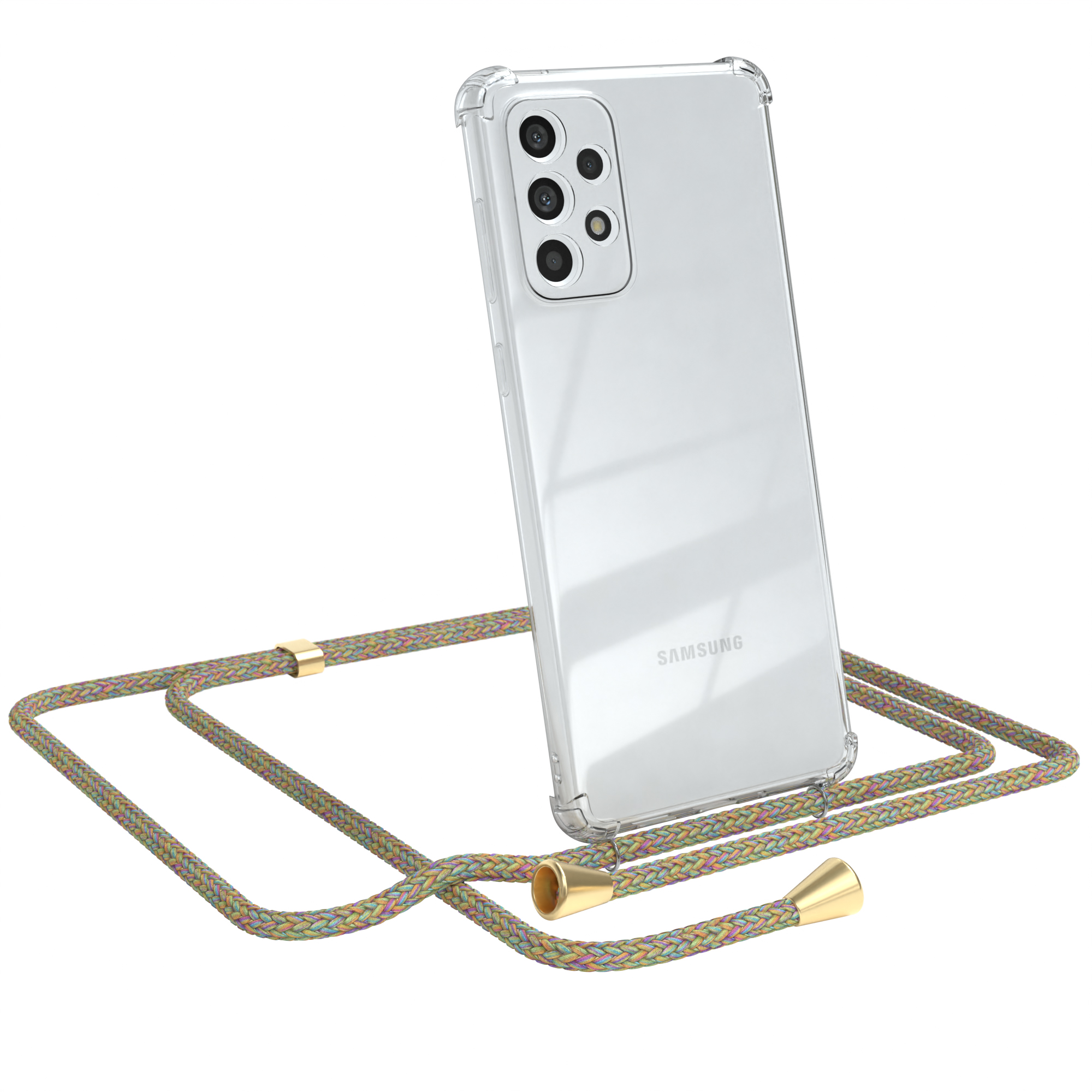 Transparente Handyhülle mit buntem Schlüsselband, goldenen Akzenten. Samsung-Telefon innen.