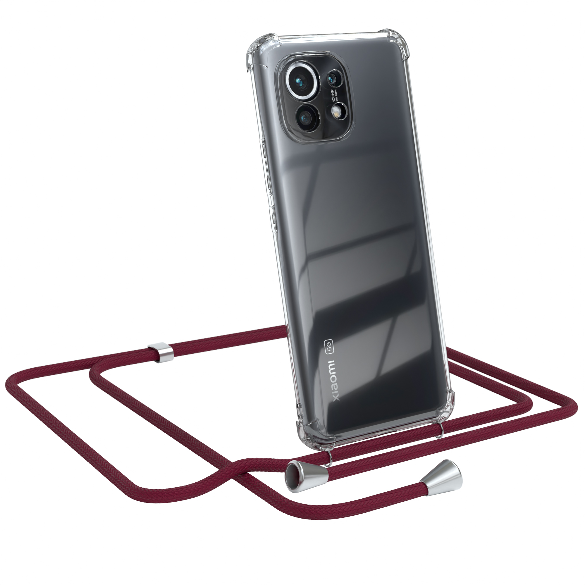 Transparente Handyhülle mit weinrotem Lanyard und Xiaomi-Telefon.