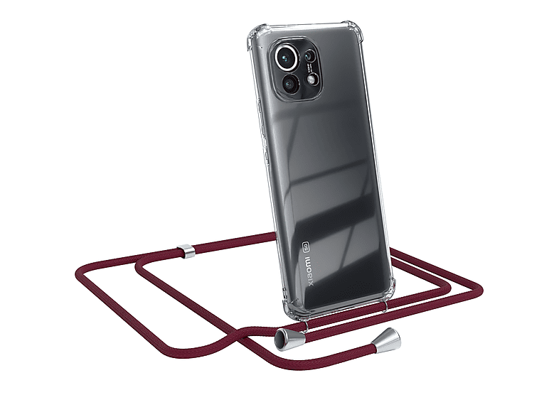 EAZY CASE Clear Cover mit Umhängeband, Umhängetasche, Xiaomi, Mi 11 5G, Bordeaux Rot / Clips Silber
