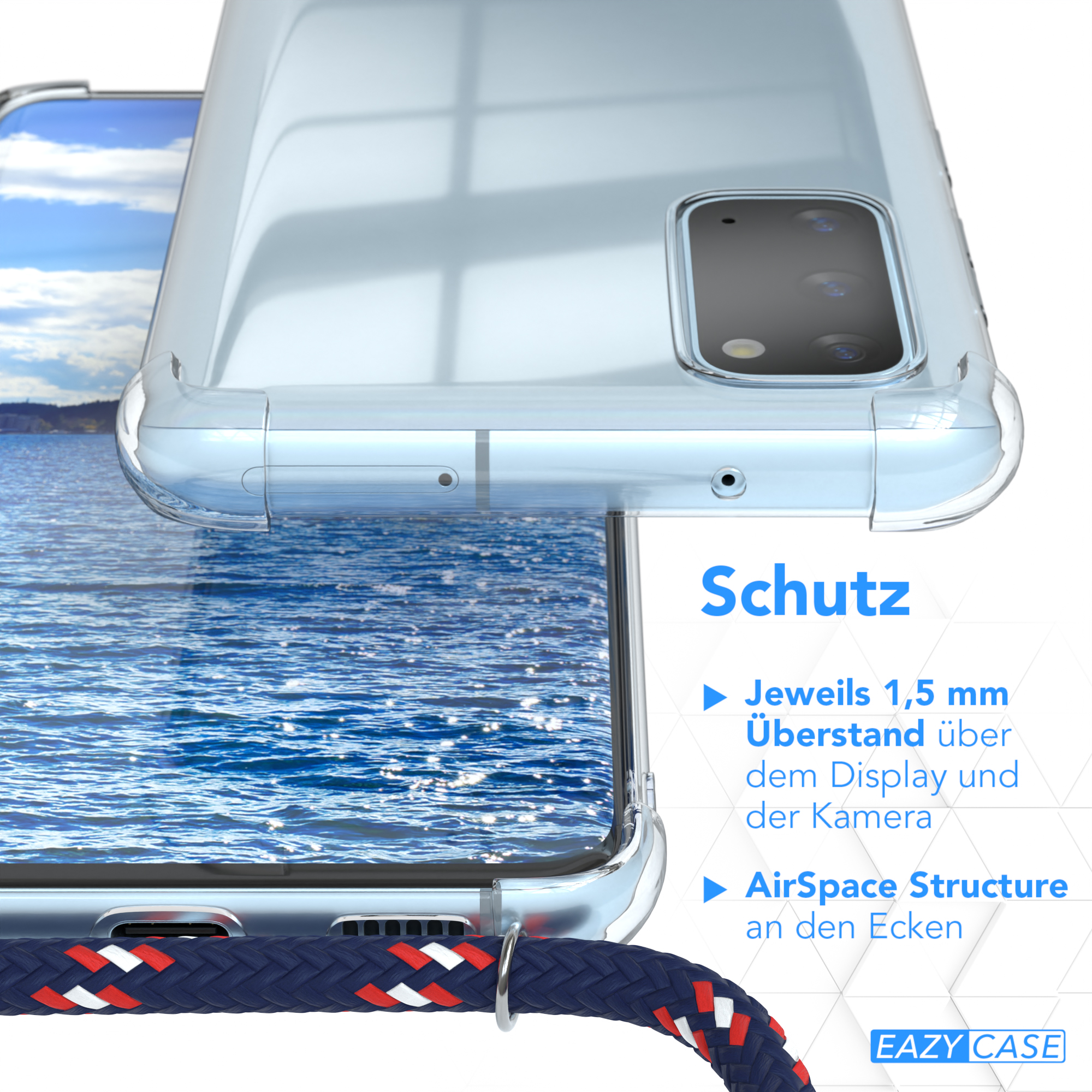 Nahaufnahme einer Handyhülle mit Lanyard, die die Schutzfunktionen der Hülle zeigt.