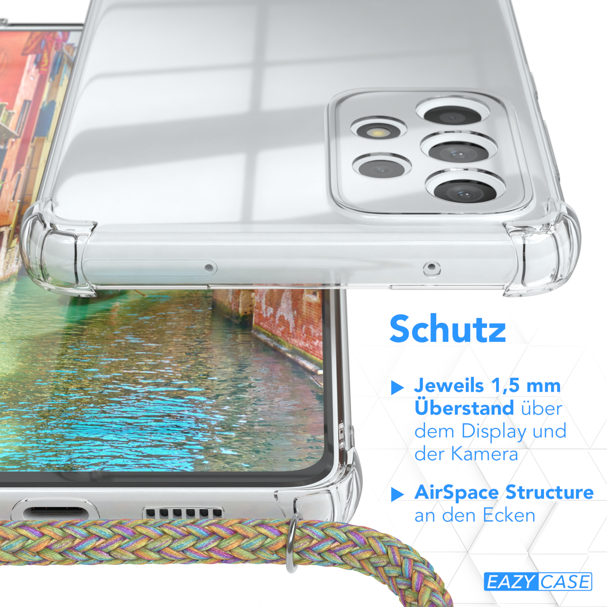 Nahaufnahme einer Handyhülle und Kordel. Text: 'Schutz' mit Details zum Displayschutz und AirSpace Structure.