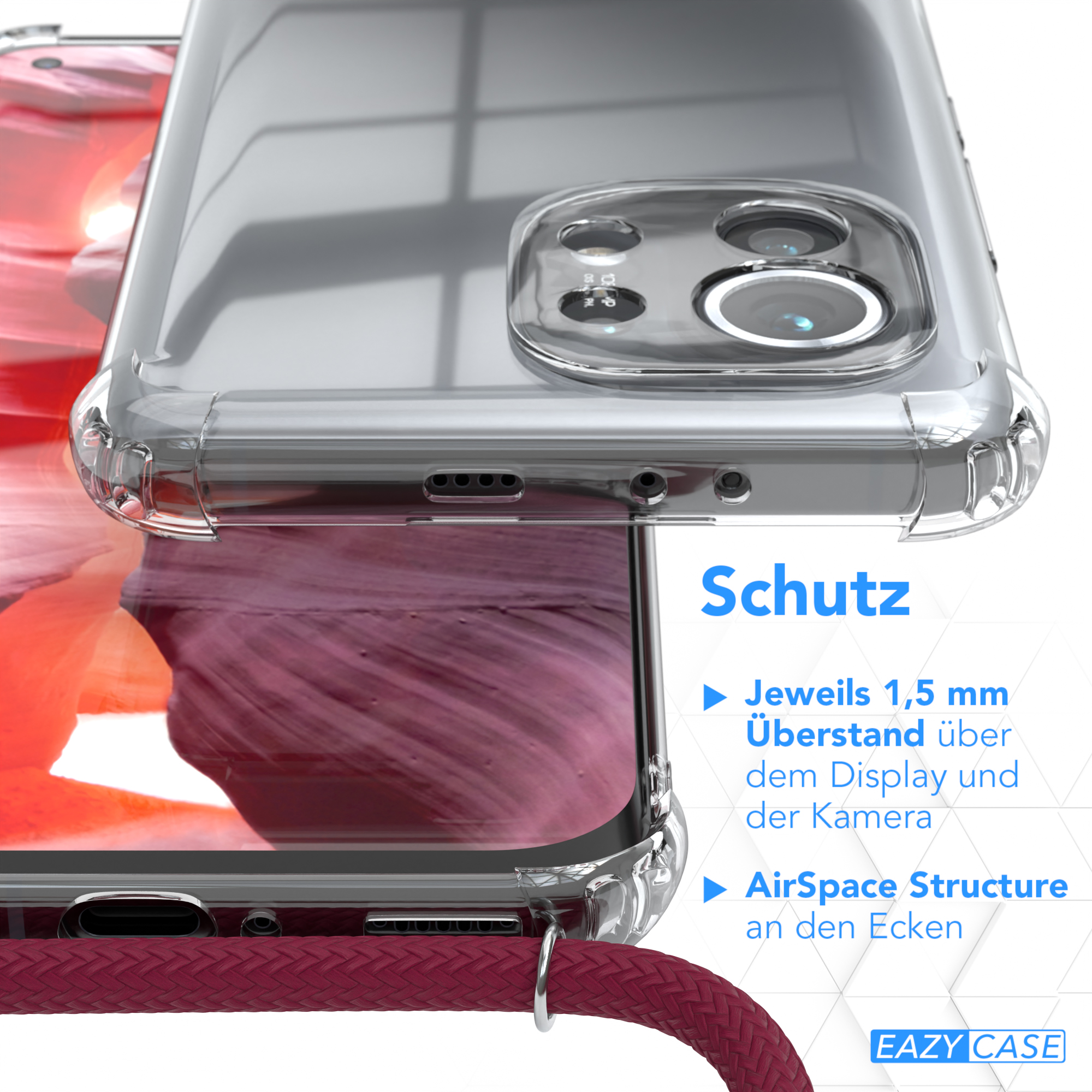 EAZY CASE Clear Cover 11 Clips Umhängetasche, / Rot mit 5G, Bordeaux Silber Mi Umhängeband, Xiaomi