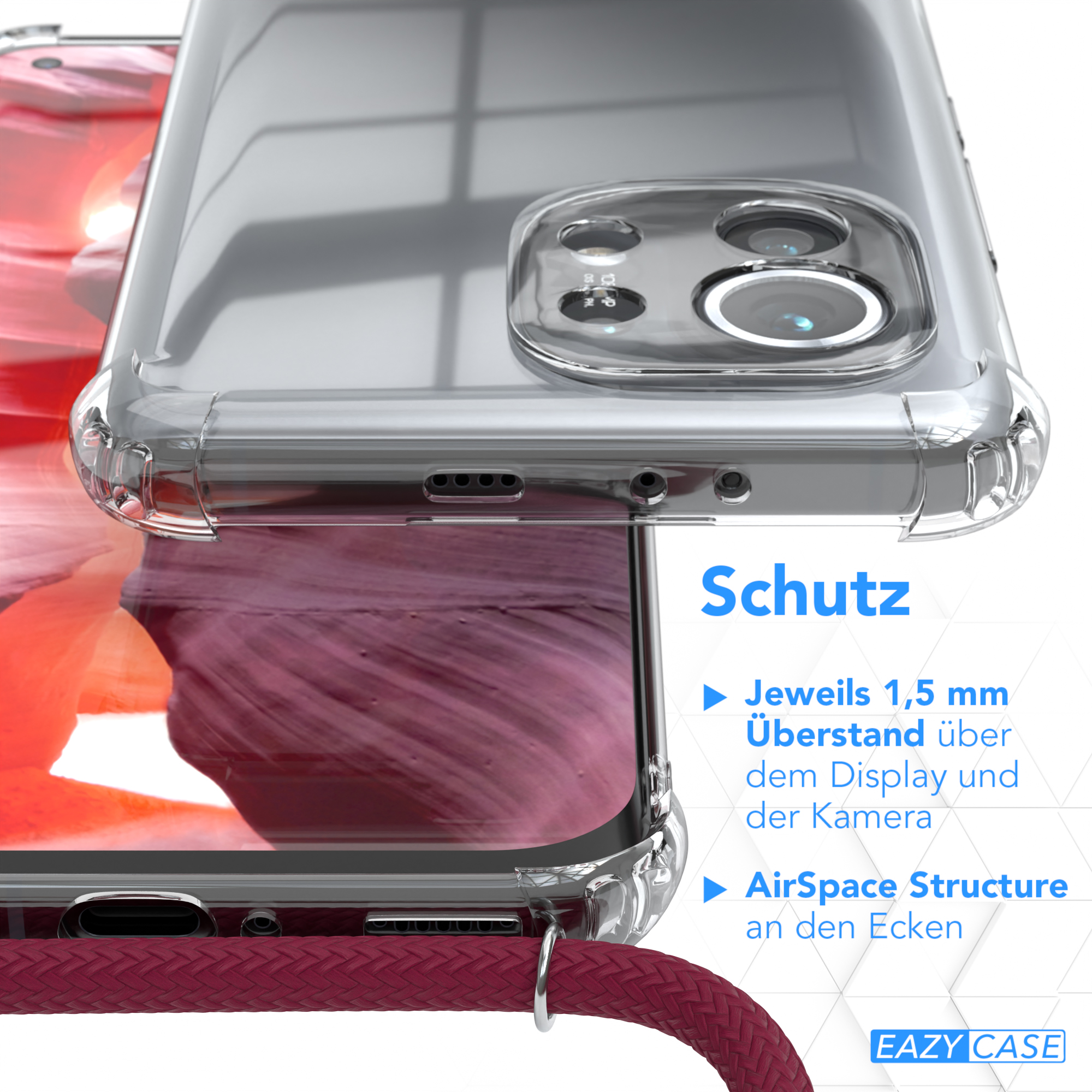 Transparente Handyhülle mit rotem Seil, Text 'Schutz' und 'Eazy Case', unscharfer Hintergrund.