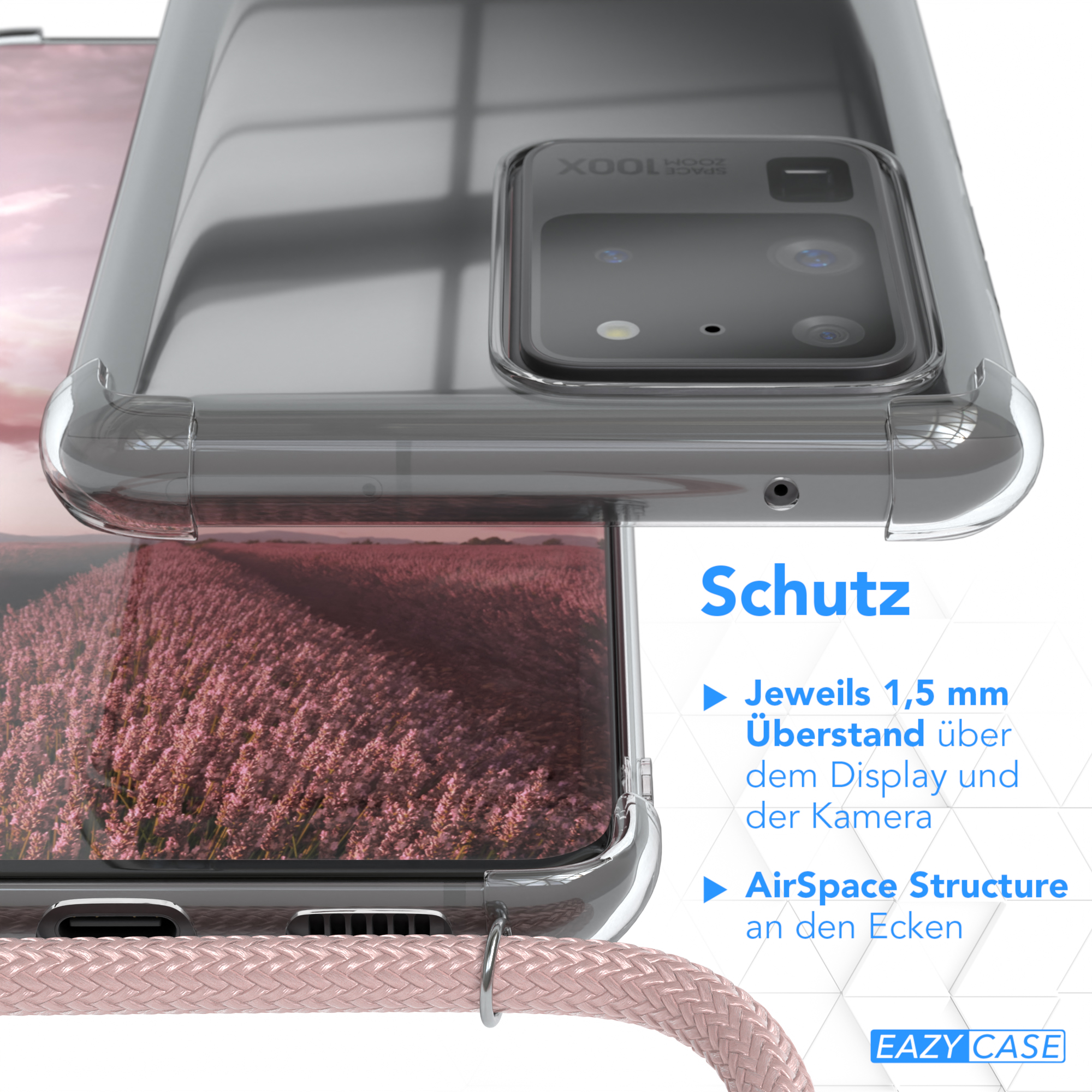 Transparente Handyhülle, Kameradetails und Text: Schutz, 1,5 mm über Display, AirSpace Structure und EAZY CASE.