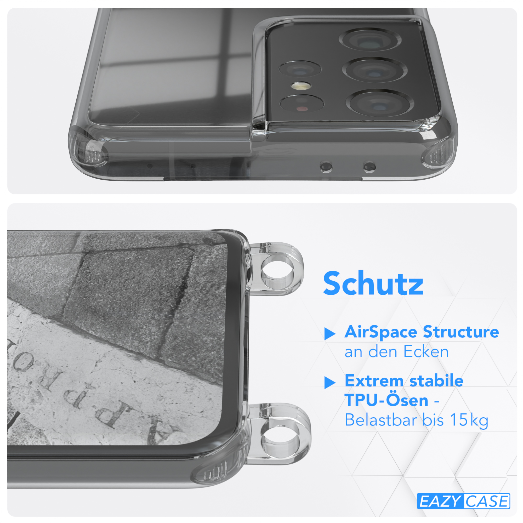 Umhängeband, Ultra Samsung, Galaxy 5G, Umhängetasche, CASE Hellgrau mit Clear Weiß EAZY S21 Cover