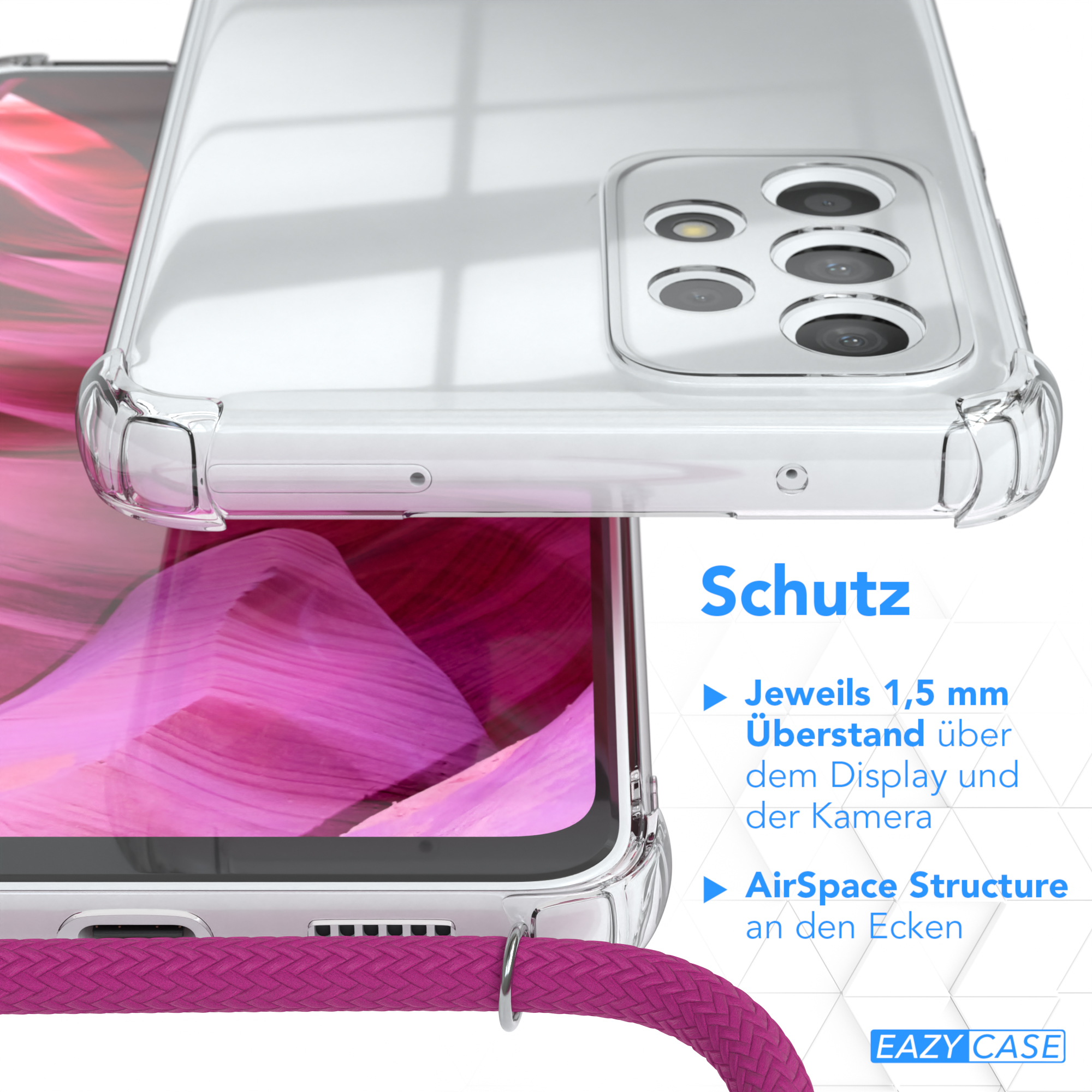 Nahaufnahme der Handyhülle. Text: Schutz, Details zu erhöhten Rändern und Luftraum.