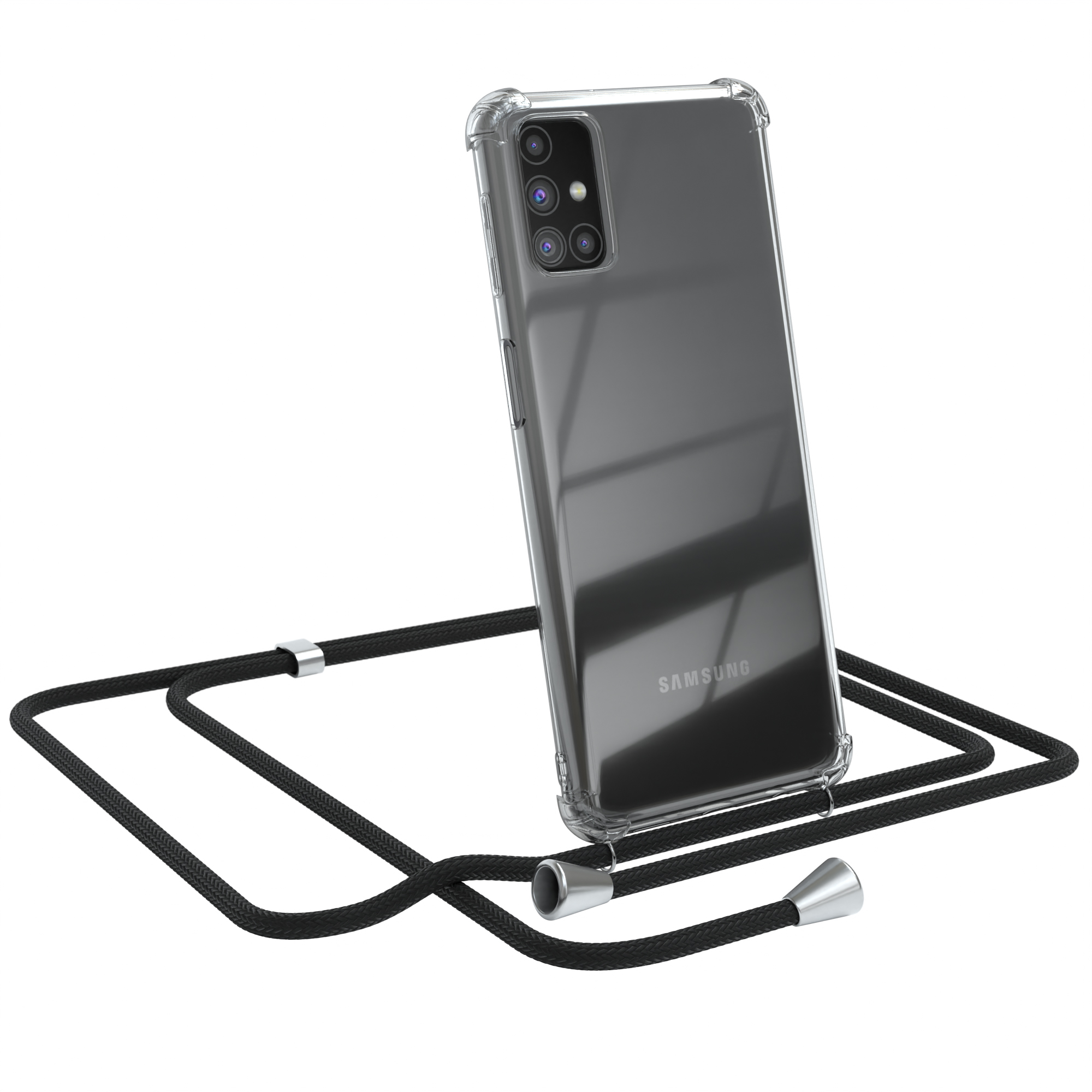 Transparente Handyhülle mit schwarzem Schlüsselband, Telefon angewinkelt. Samsung-Logo.