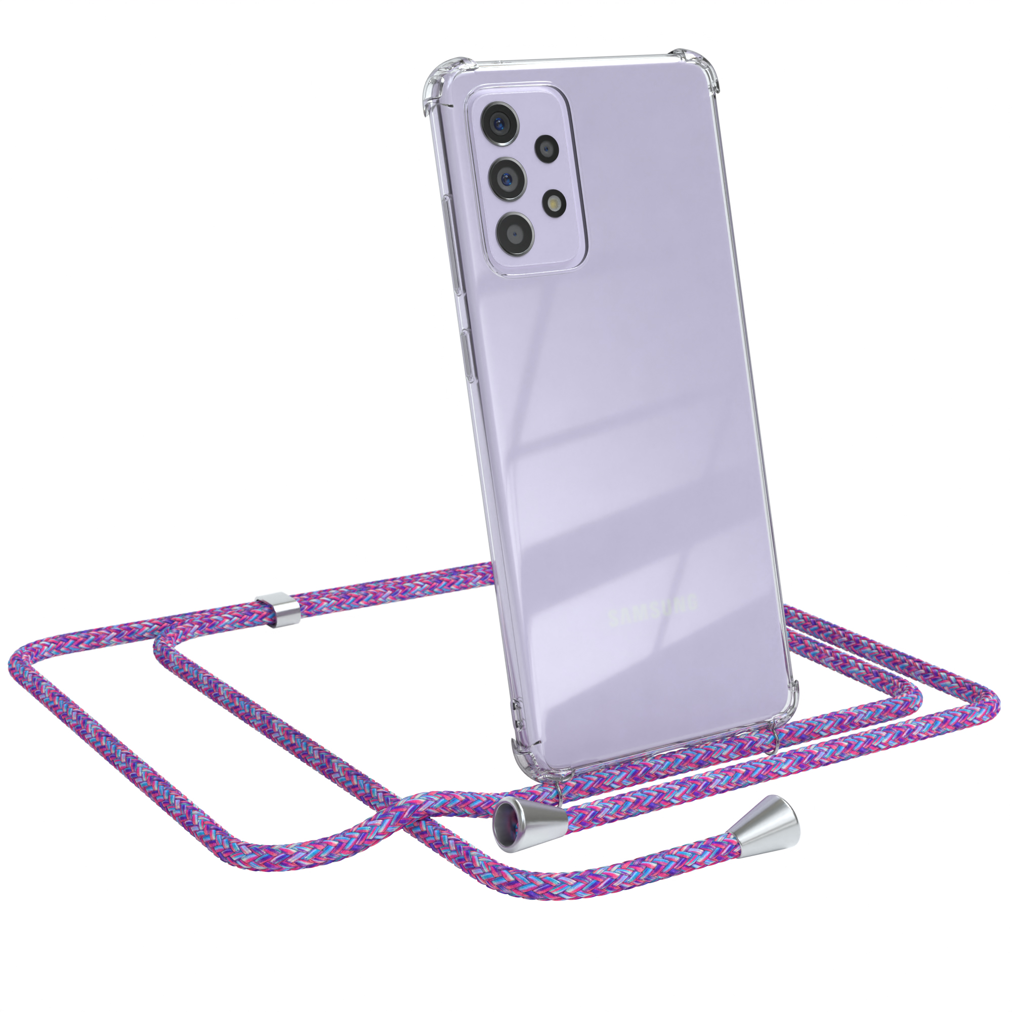 Transparente Handyhülle mit lila Band. Samsung-Telefon sichtbar. Silberne Verbinder.