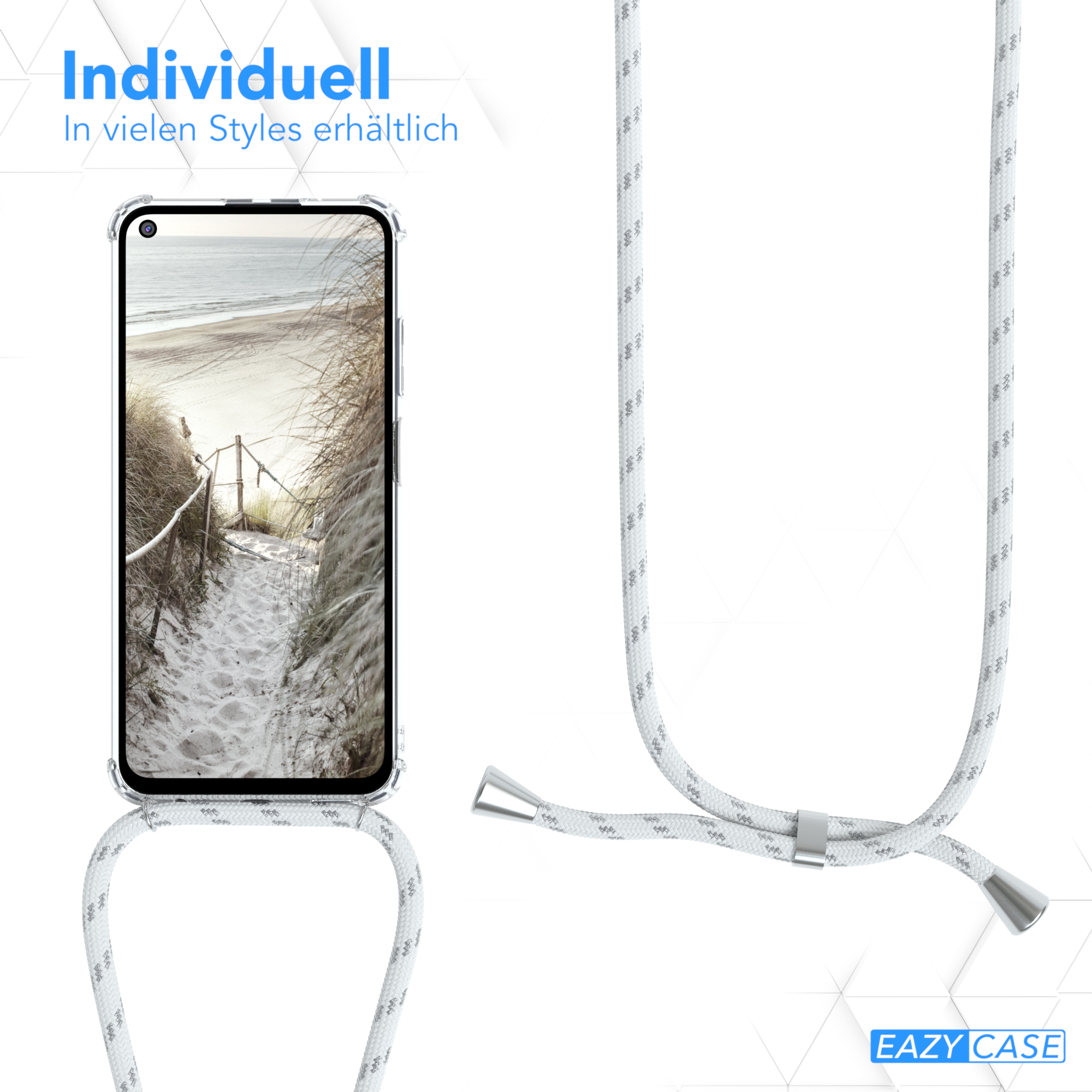 Transparente Handyhülle mit Strandmotiv. Das Telefon hat ein weißes Band.