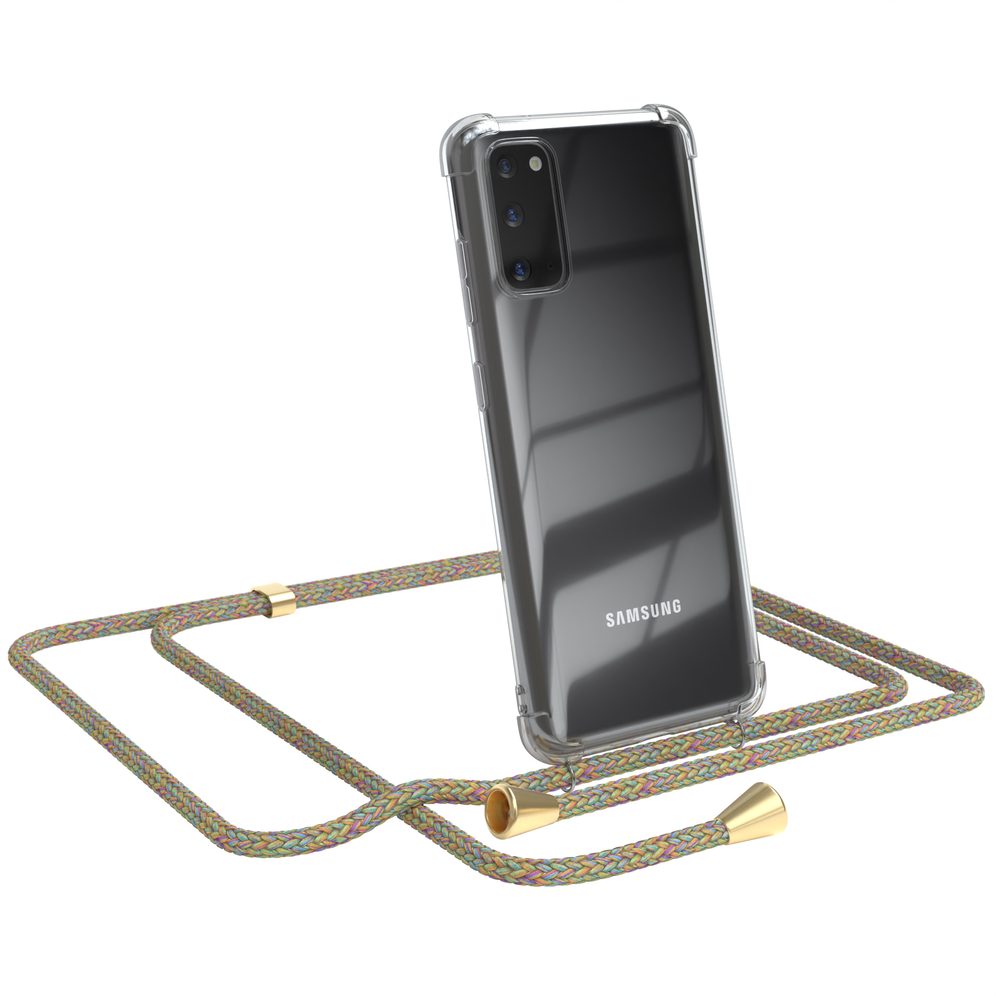 Ein Samsung-Telefon in einer transparenten Hülle mit buntem Riemen. Weißer Hintergrund.