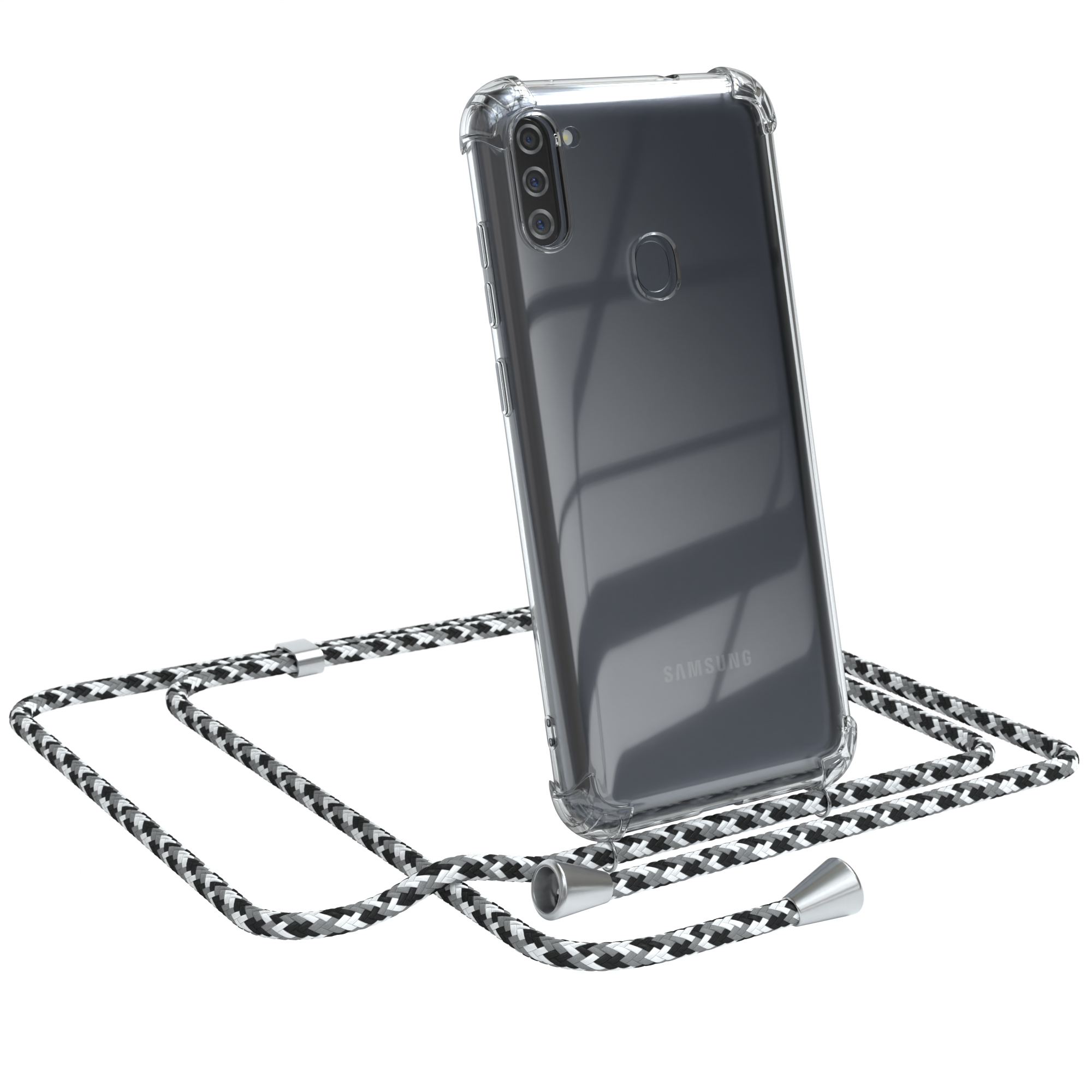 Samsung-Telefon mit transparentem Gehäuse und schwarz-weiß gemustertem Umhängeband.