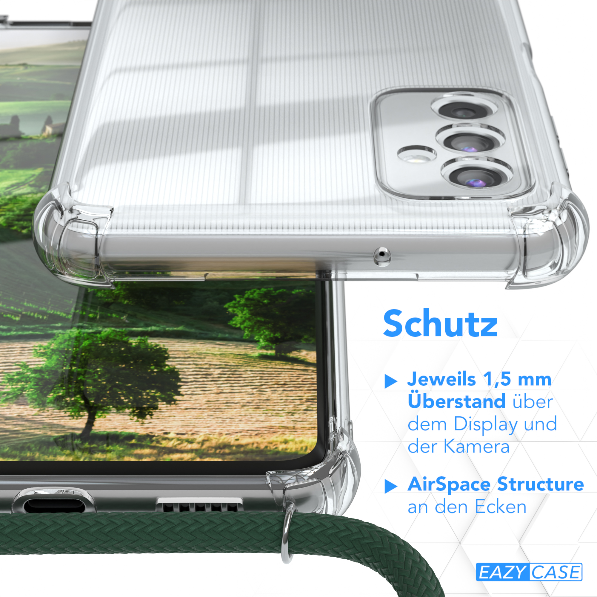 Transparente Handyhülle mit grünem Kabel. Text lautet "Schutz". Das Telefon ist in der Hülle.