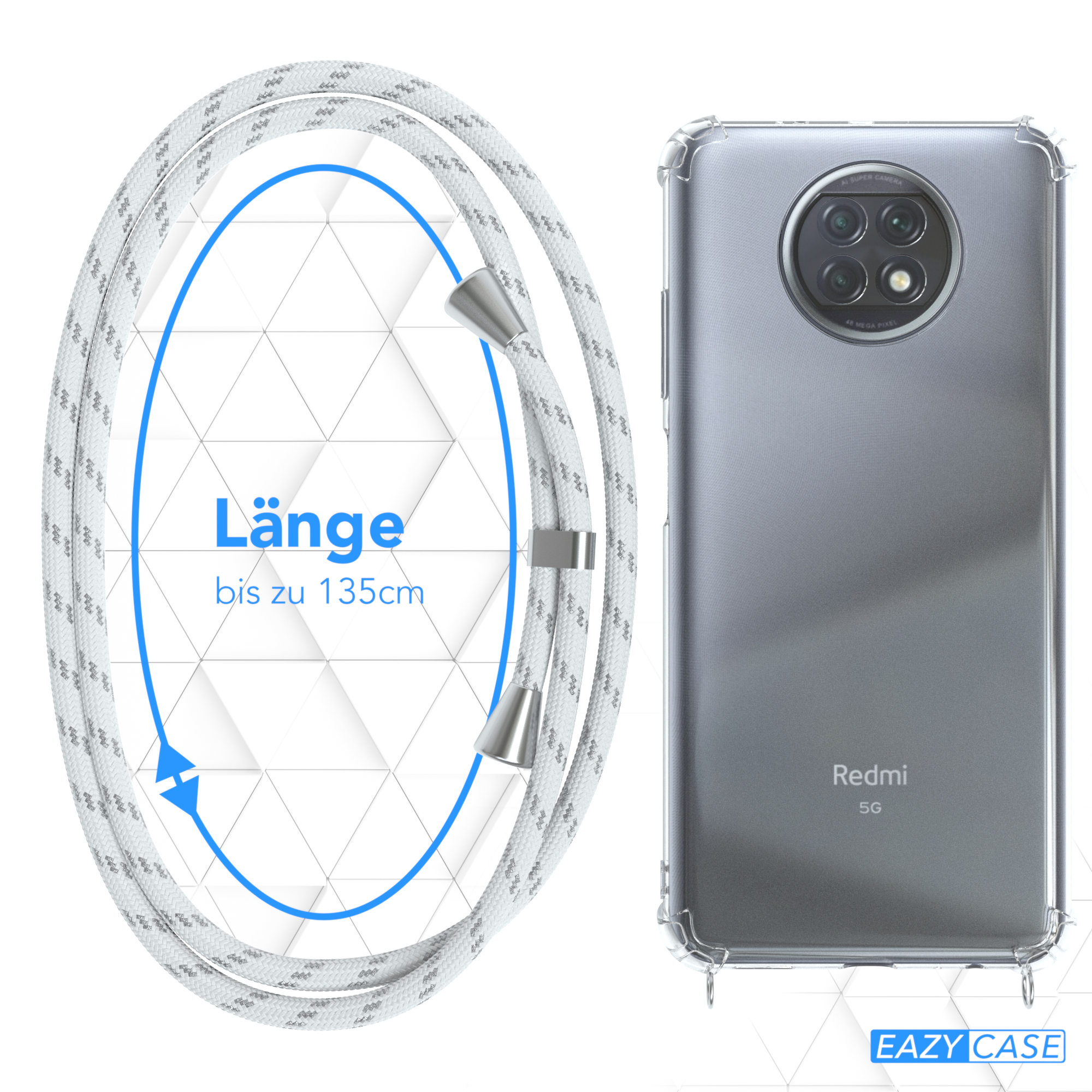 Ein Telefon mit einem weißen Schlüsselband und dem Text 'Länge bis zu 135cm'.