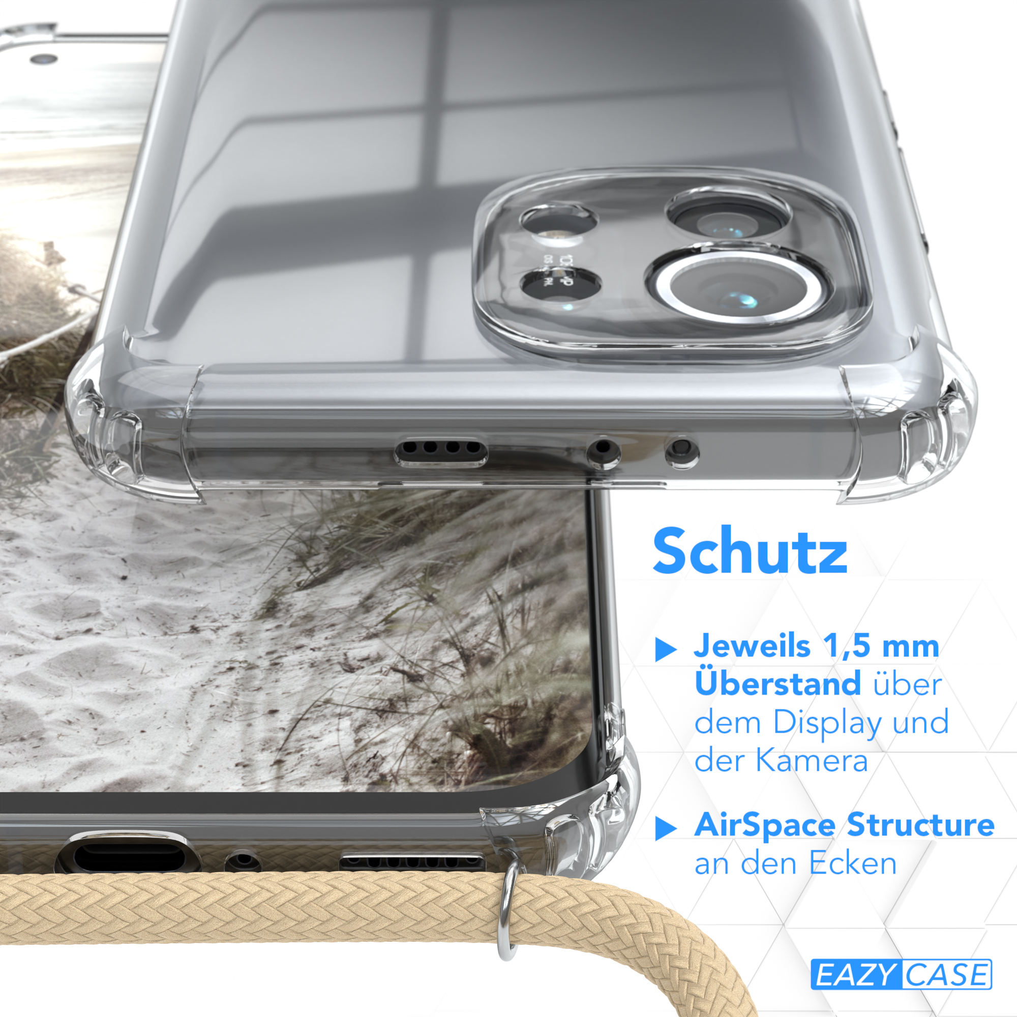 Transparente Handyhülle auf Handy. Text: Schutz, 1,5 mm Bildschirm- & Kameraschutz, AirSpace Structure. Beiges Kabel.
