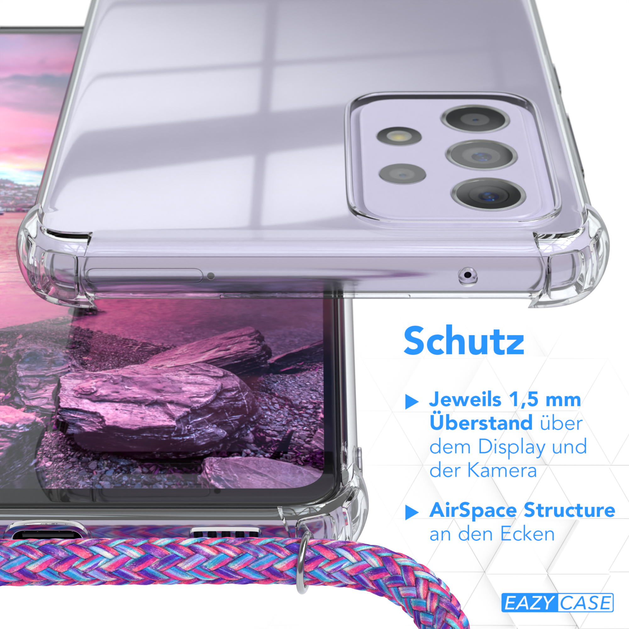 Transparente Handyhülle mit Text. Nahaufnahme des Randes der Hülle. Lila-rosa geflochtener Kordel.