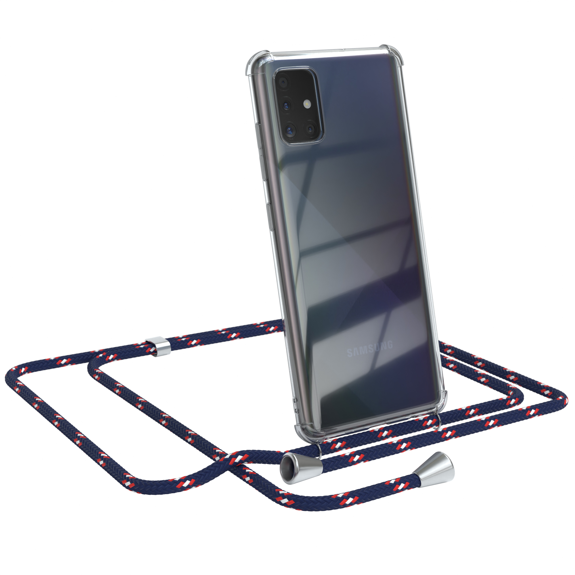Eine Handyhülle mit blauem, weißen und roten Band, befestigt an einem Telefon. Das Telefon hat eine klare Hülle.