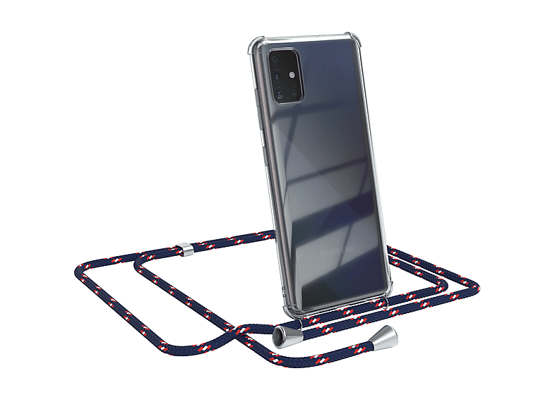 EAZY CASE Clear Cover mit Umhängeband, Umhängetasche, Samsung, Galaxy A51, Blau Camouflage / Clips Silber