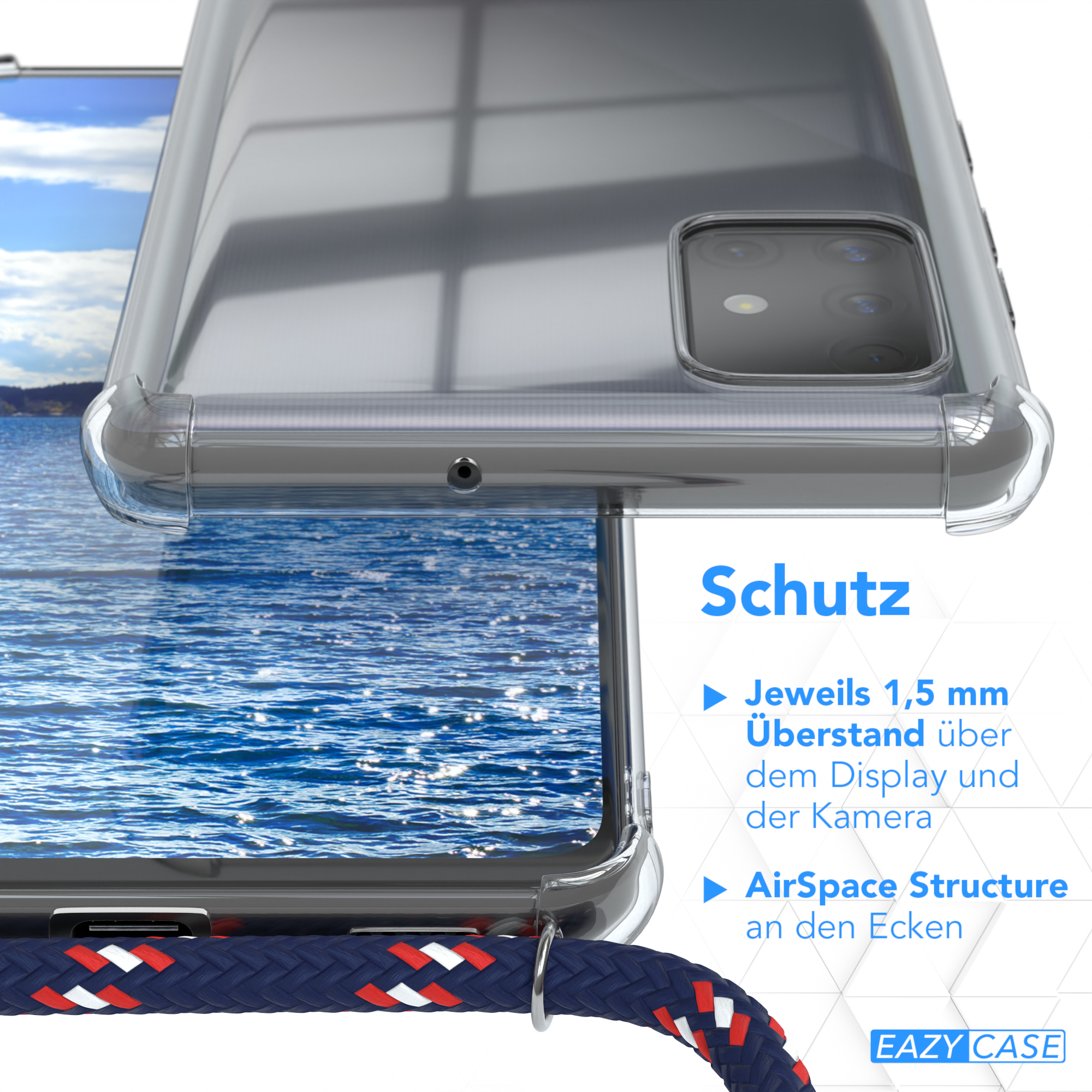 A51, / Cover Samsung, CASE EAZY Clear Blau mit Umhängetasche, Galaxy Umhängeband, Silber Clips Camouflage
