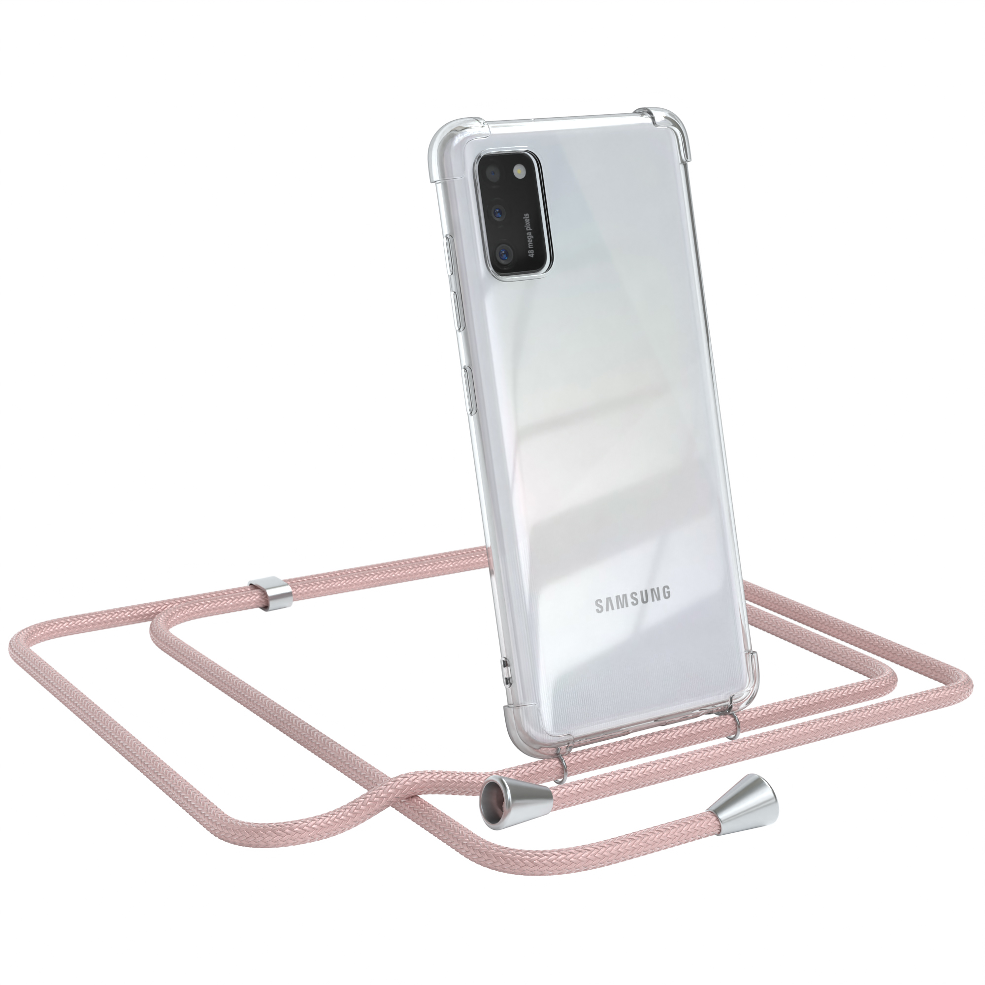 Eine transparente Handyhülle mit rosa Seil, silbernen Akzenten und einem Samsung-Handy.