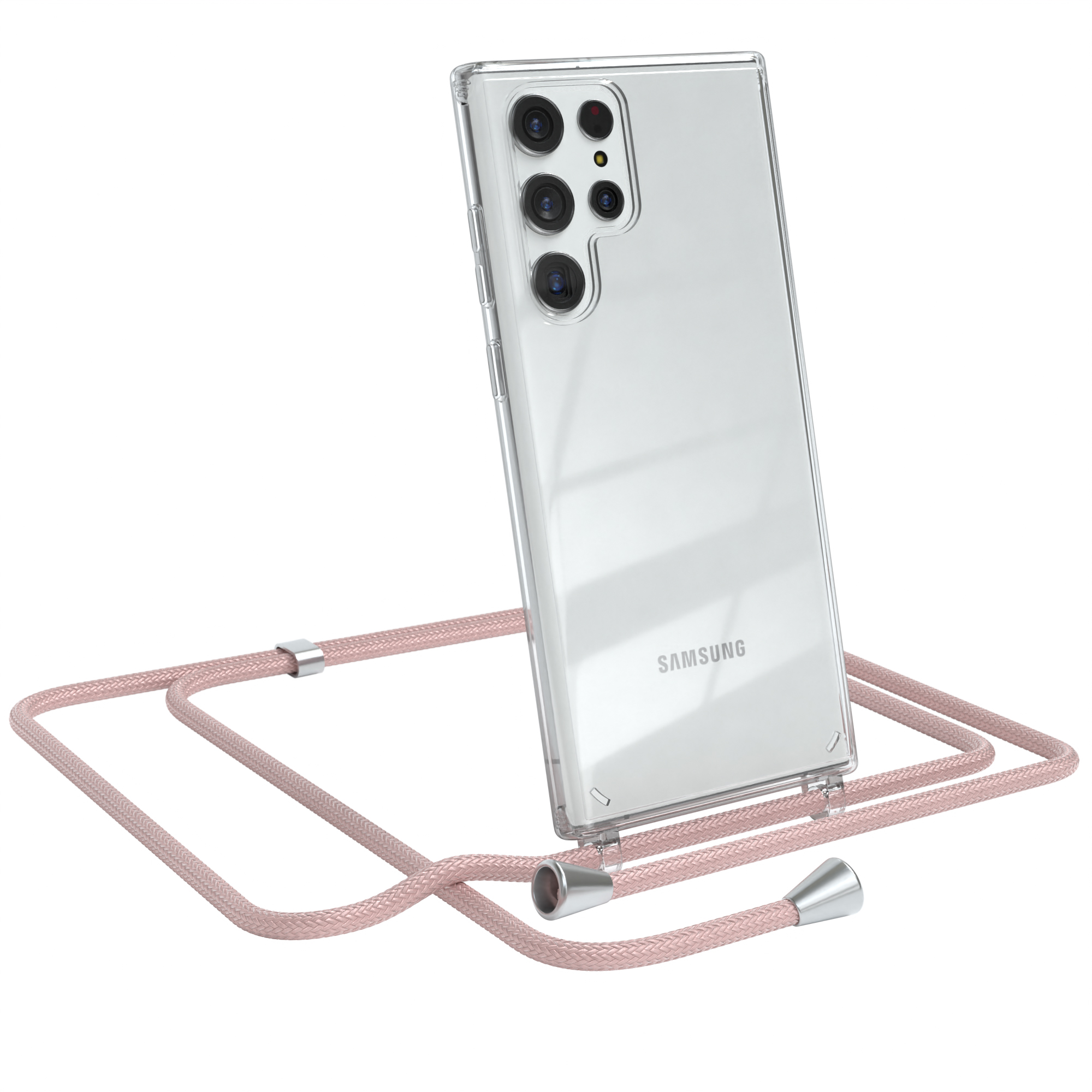 Transparente Handyhülle mit rosa Lanyard, silbernen Akzenten und einem Samsung-Handy.
